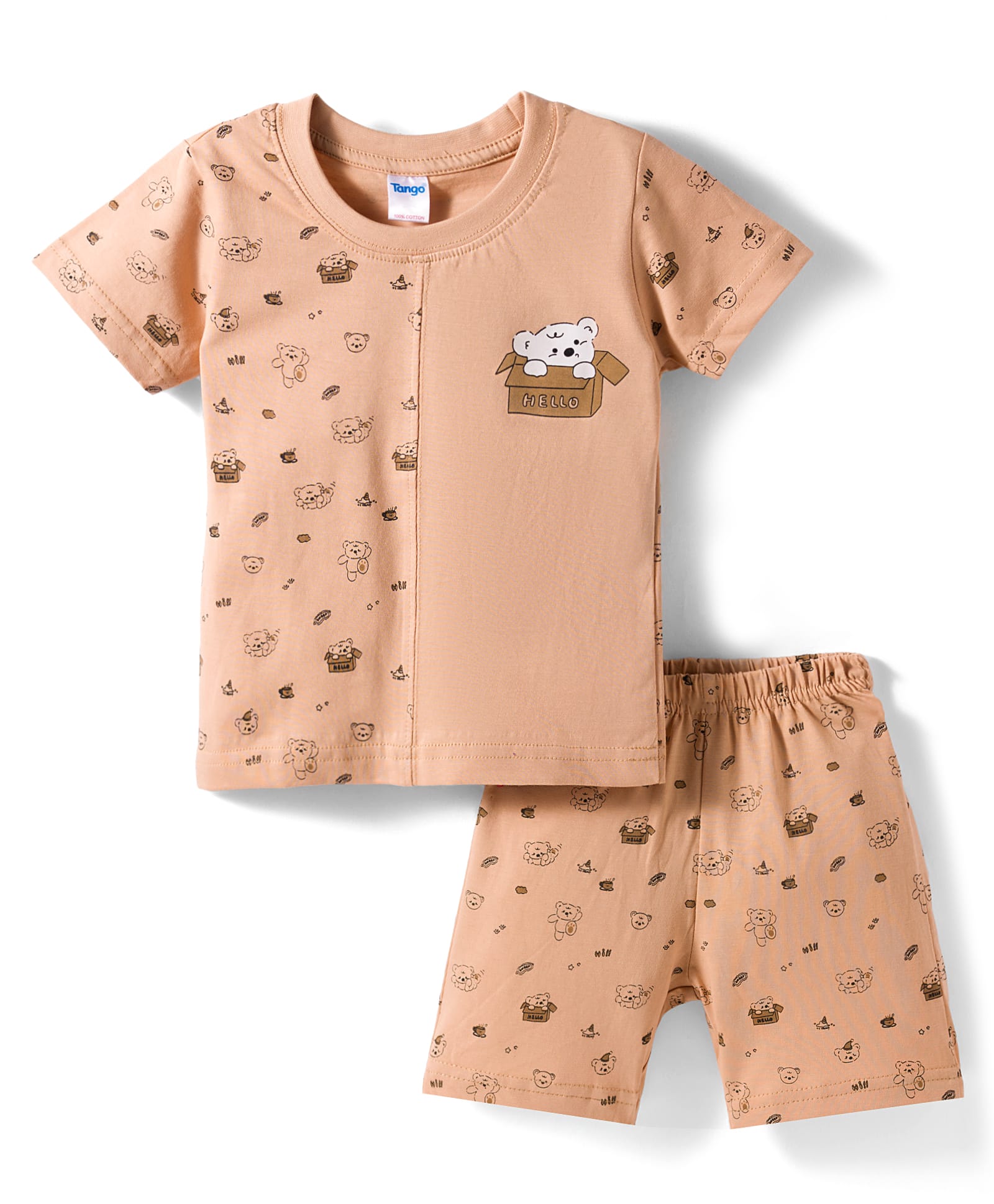 Tango Single Jersey Knit Half Sleeves Cut & Sew T-Shirt & Shorts Night Suit with Bear Print - Light Brown-image-32