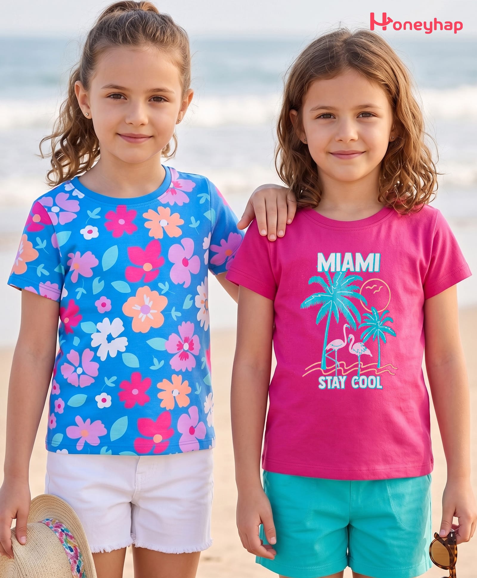 Honeyhap Premium 100% Cotton Knit With Bio Finish Half Sleeves T-Shirts With Tree & Floral Print Pack of 2 - Carmine Rose & Bonnie Blue-image-48