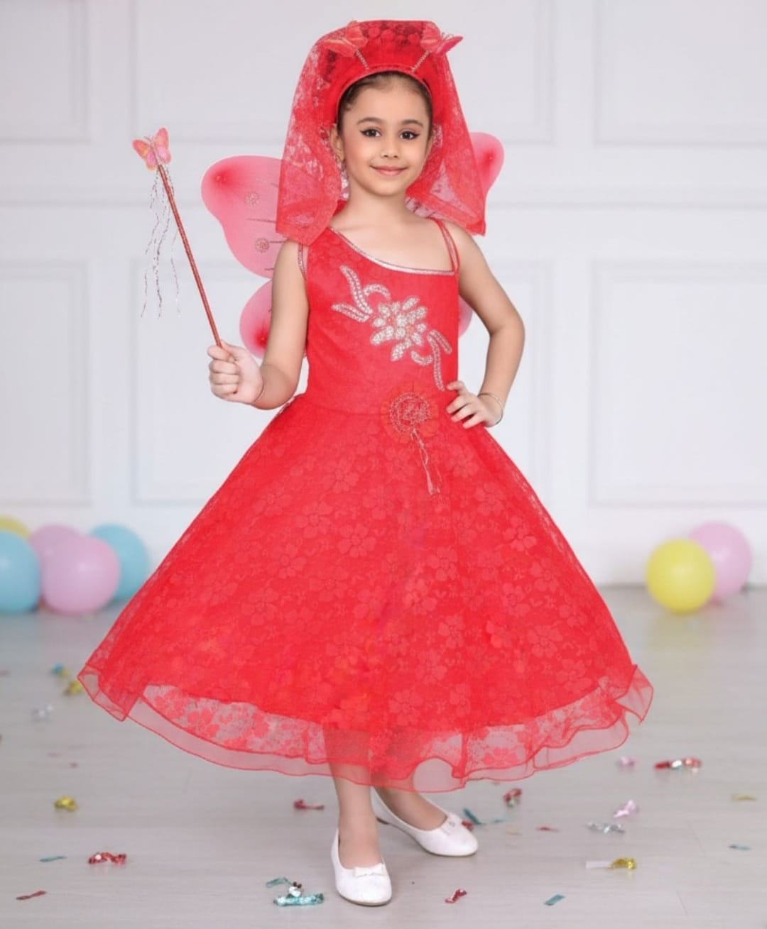 AJ Dezines Net Woven Fairy Theme Sleeveless Costume With Wand Wings & Hairdress Set - Red