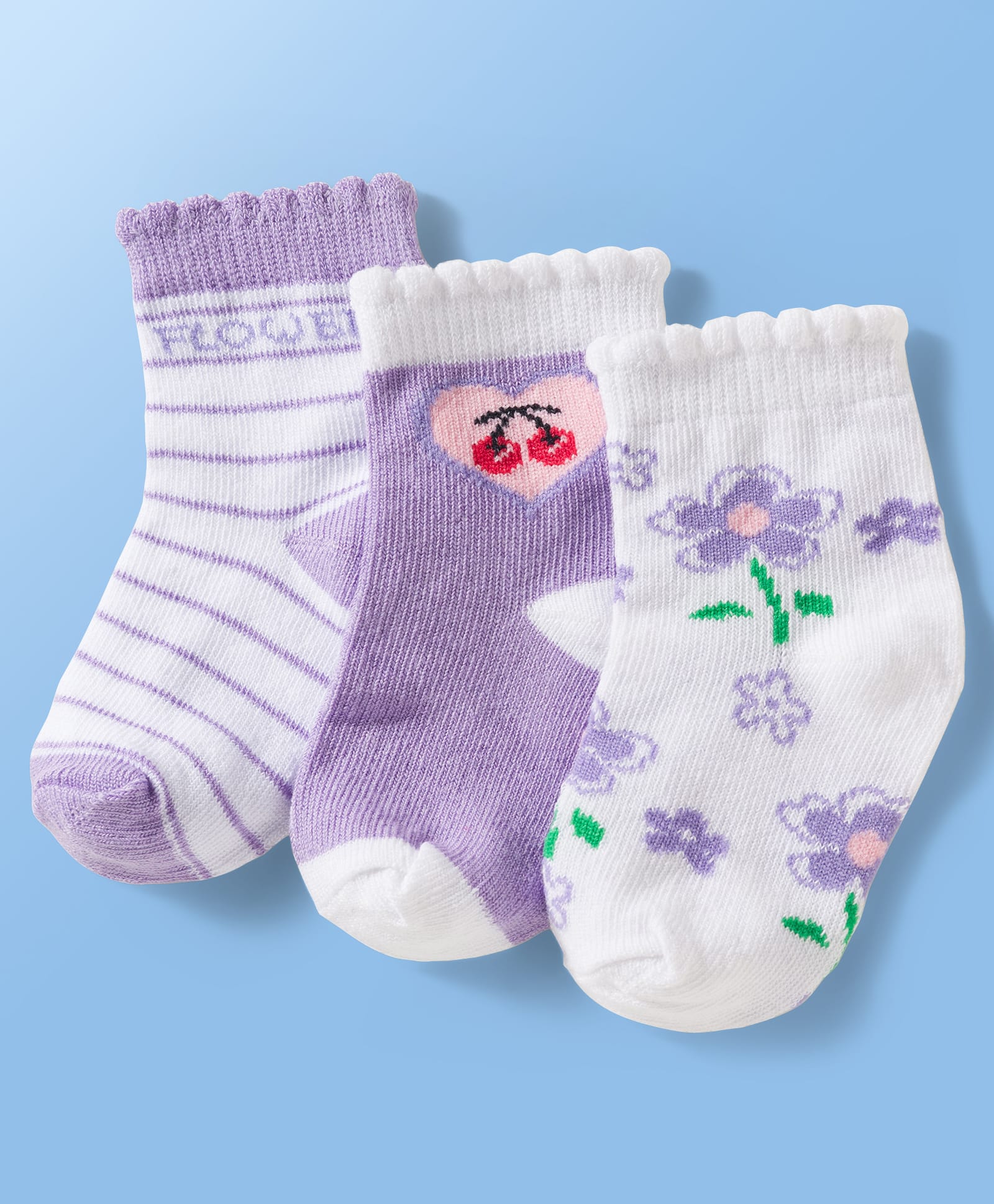 Doodle Poodle Cotton Knit Ankle Length Socks With Floral & Stripes Design Pack Of 3 - White & Purple-image-35