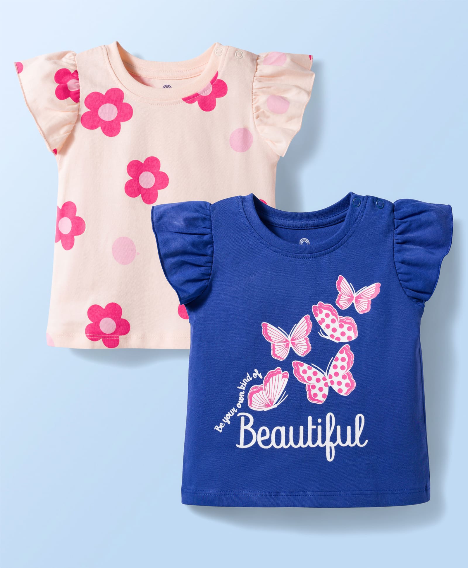 Doodle Poodle 100% Cotton Knit Frill Sleeves Tops with Butterfly & Floral Print Pack of 2 - Pink & Navy Blue