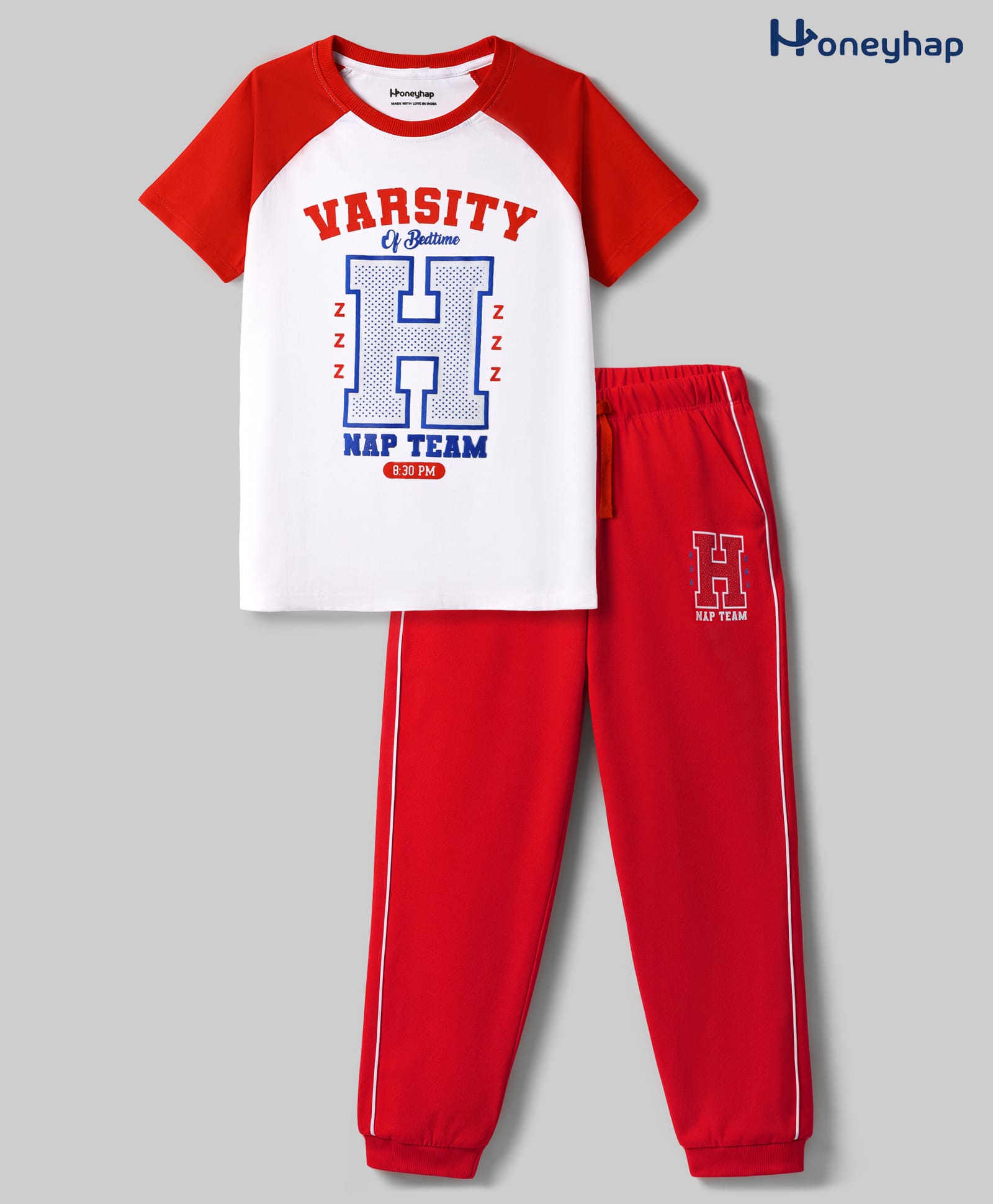 Honeyhap Premium 100% Cotton Knit with Bio Finish Half Raglan Sleeves T-Shirt & Pyjama Night Suit with Varsity Print - Bright White & High Risk Red-image-5