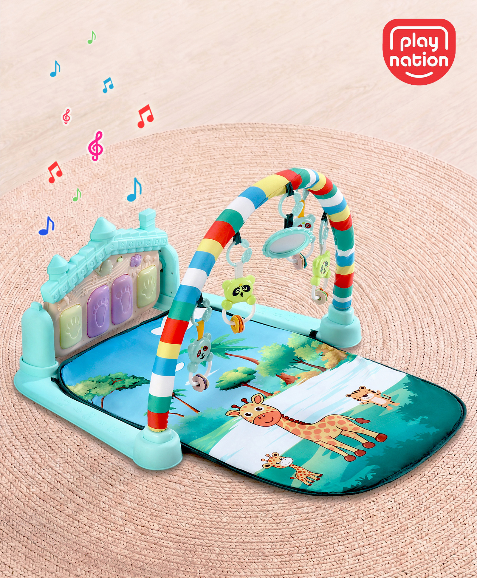 Play Nation Premium Baby Kick & Play Piano Jungle Theme Play Gym with Lights & Music| 5 Hanging Toys| Musical Keyboard Activity Playmat| Portable Baby Gym| BIS Certified| 018 Months| Multicolour-picture-46