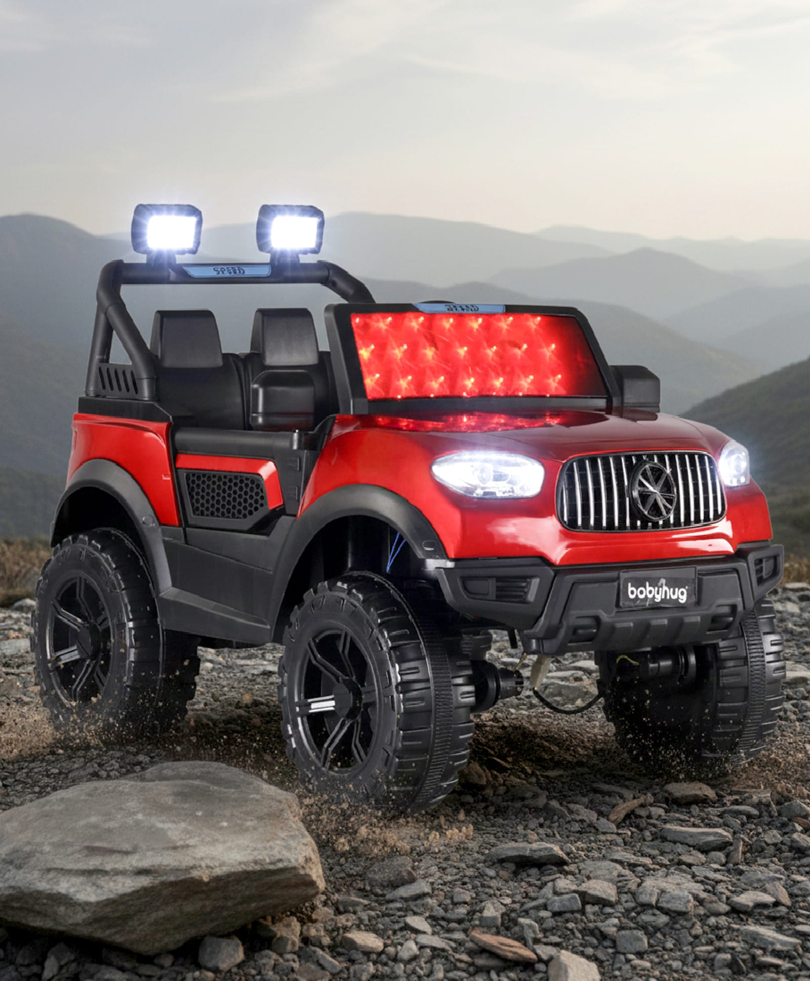 Babyhug Battery Operated Ride on Jeep with LED Lights - Red| Rechargeable Battery| Openable Doors| Built-in Music & AUX| Remote Control| Easy to Assemble| Forward Reverse & Swing| Indoor Outdoor Toy