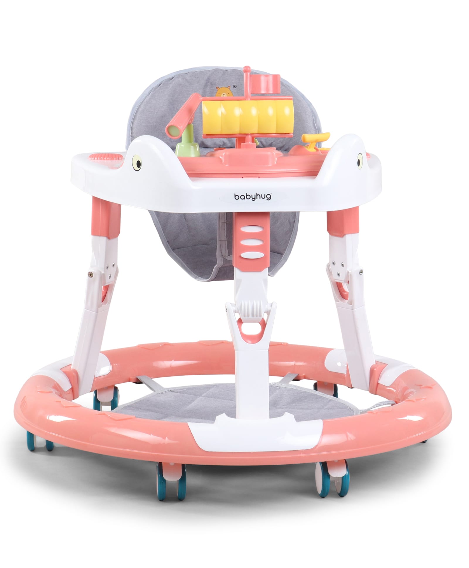 Babyhug 360° Musical Baby Walker with Lights Peach| 3-Level Height Adjustment| Detachable Play & Feeding Tray| Compact Fold| Smooth Swivel Wheels| Cushioned Seat| 624 Months| Removable Foot Mat