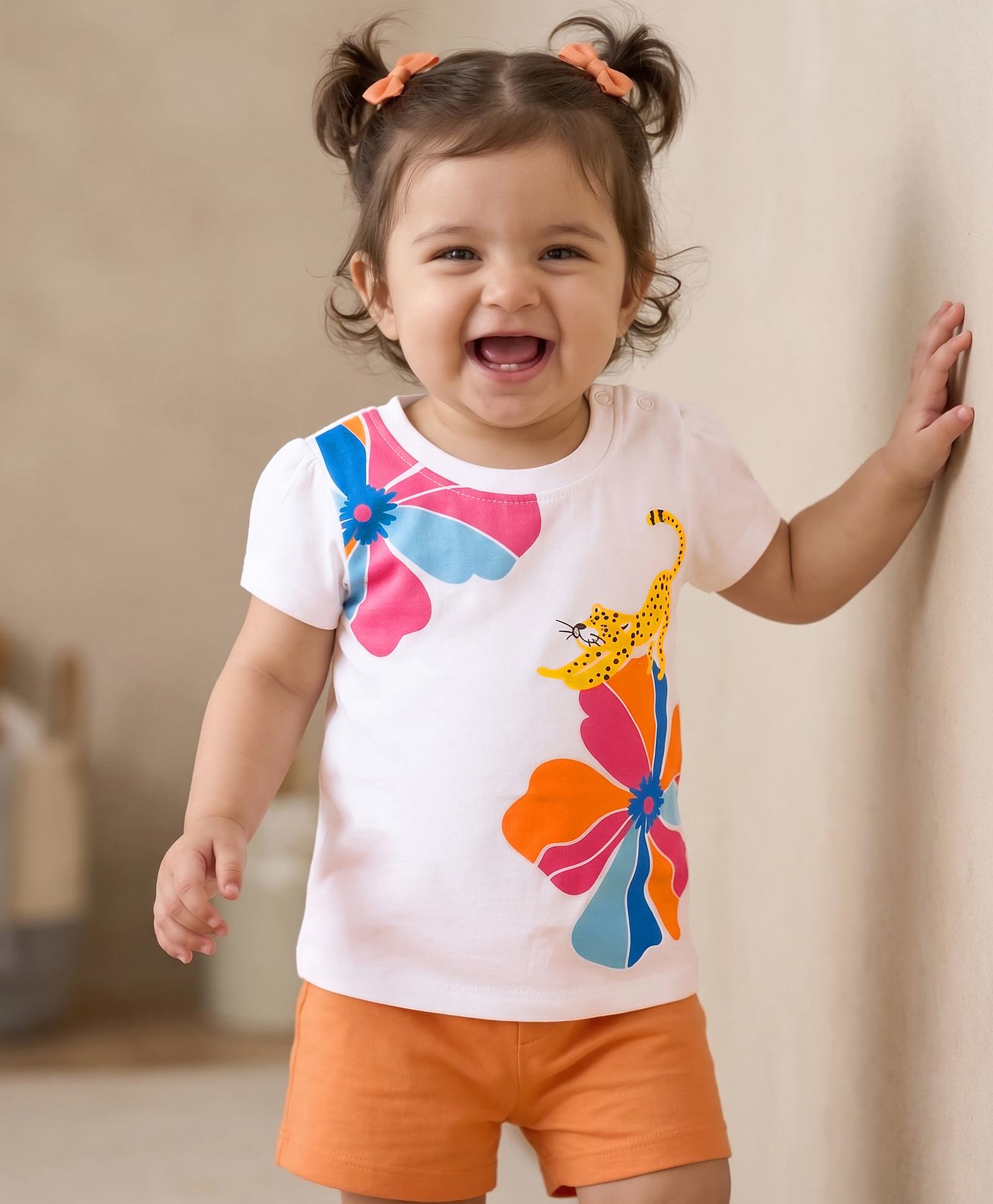 Doodle Poodle 100% Cotton Knit Half Sleeves T-Shirt With Floral & Leopard Print - White-image-41