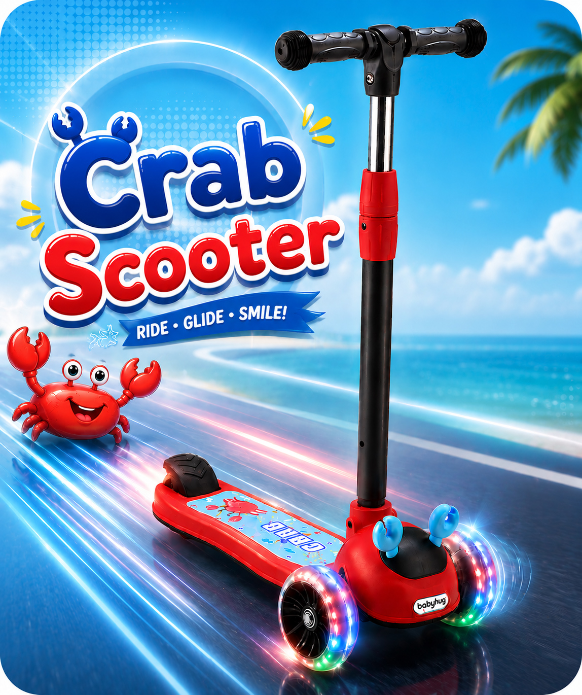 Babyhug Crab Kids Scooter with LED Wheels - Red| Adjustable Height| Lean-to-Steer| Toy for 3+ Yrs Boys & Girls|Sport Gift| Physical Activity| Plug & Play-image-47