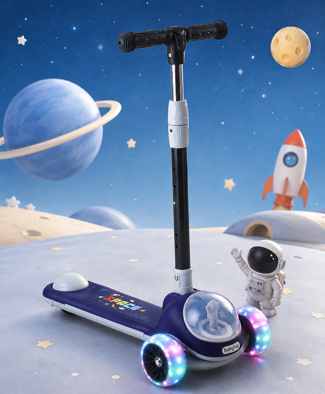 Babyhug Space Theme 3 Wheel Kids Scooter with LED Wheels - Blue| Adjustable Height| Lean-to-Steer| Toy for 3+ Years Boys & Girls | Outdoor Ride-On Toy | Physical Activity Gift| Plug & Play Assembly-picture-17