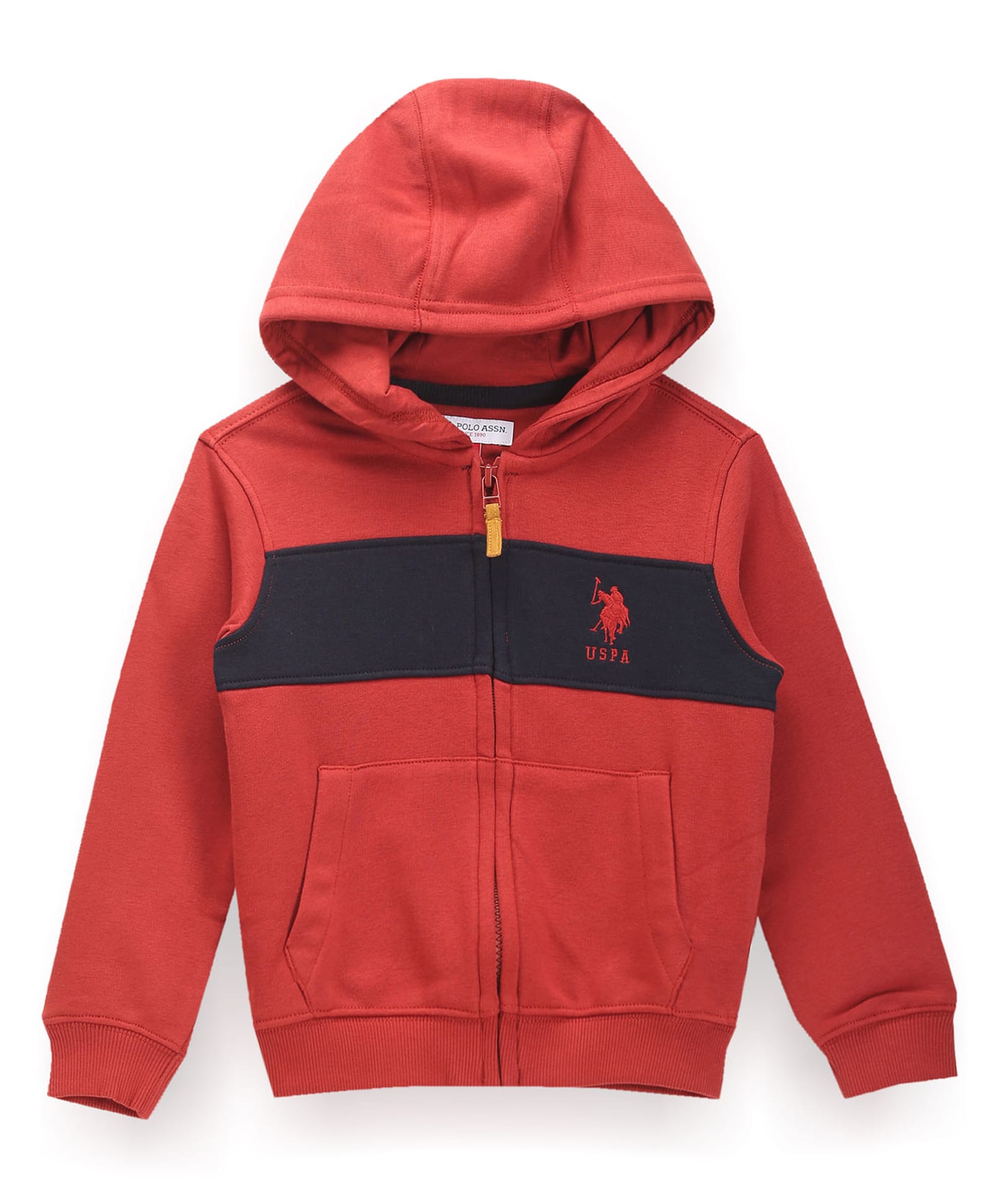 US Polo Assn Knit Full Sleeves Cut & Sew Hooded SweatJacket with Color Block & Kangaroo Pocket - Red-picture-28