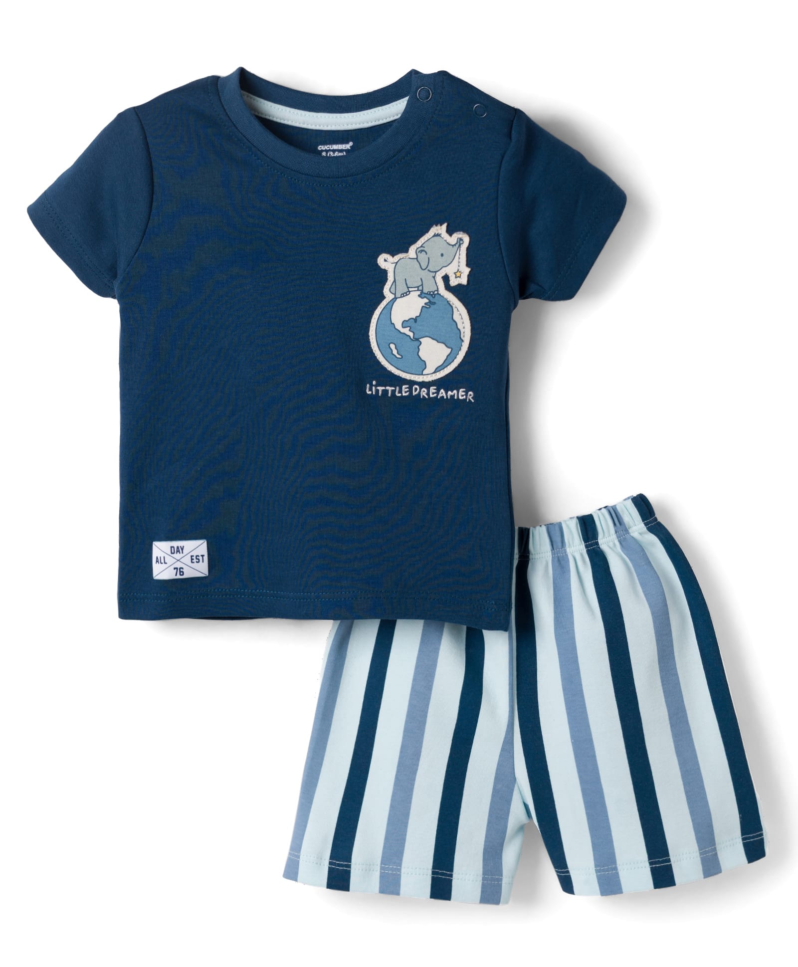 CUCUMBER Knitted Half Sleeves T-Shirt & Shorts Set with Elephant Print & Stripes - Navy Blue-picture-16