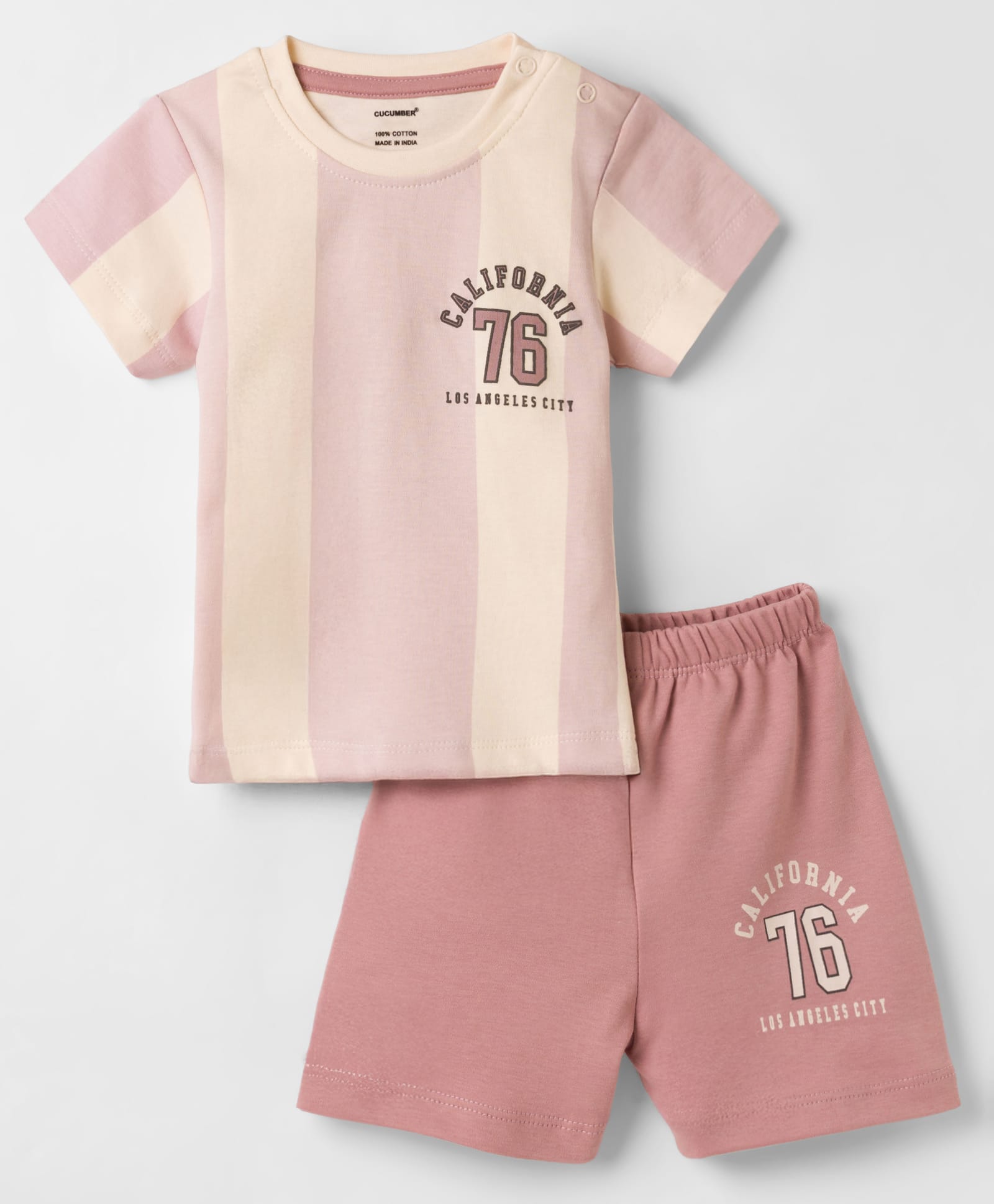 CUCUMBER Knitted Half Sleeves Striped T-Shirt & Shorts Set with Text Print - Pink-picture-43