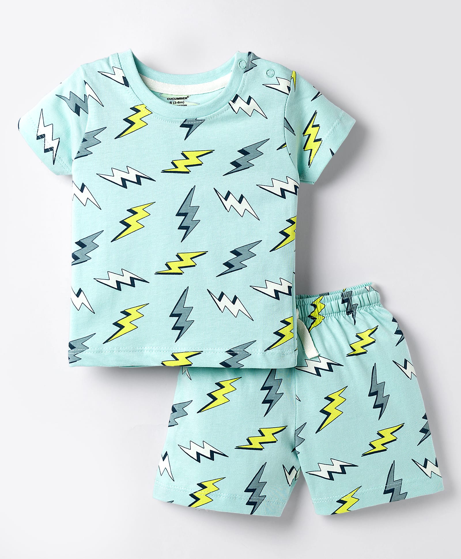 CUCUMBER Knit Half Sleeves T-Shirt & Shorts Co-ord Set With Lighting Bolt Print - Aqua Blue-image-32