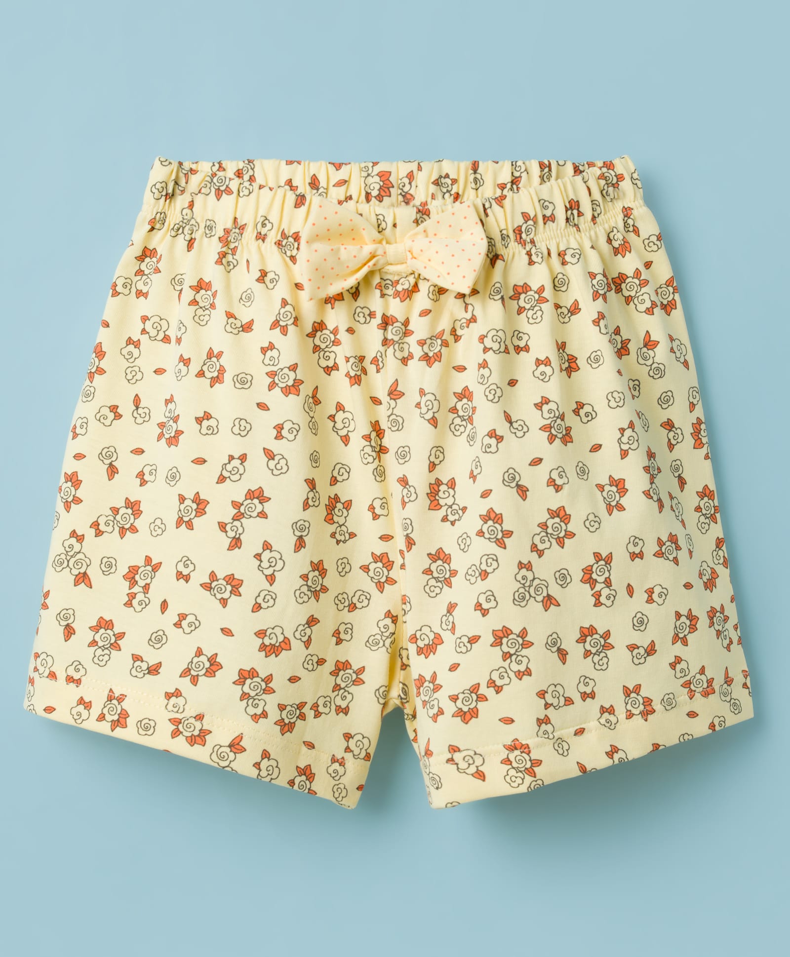 Tango Single Jersey Knit Knee Length Floral Printed Shorts With Bow Applique - Yellow-picture-11
