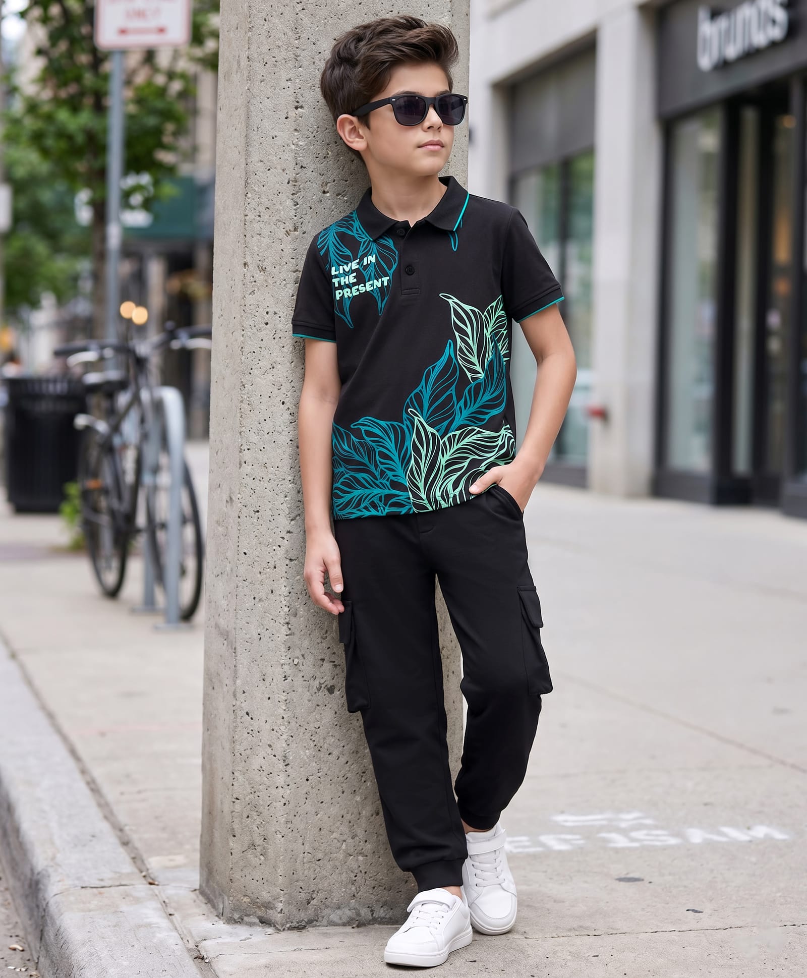 OLLINGTON ST. Cotton Knit Half Sleeves Polo T-Shirt & Joggers Set With Leaf Print - Multicolor-image-12