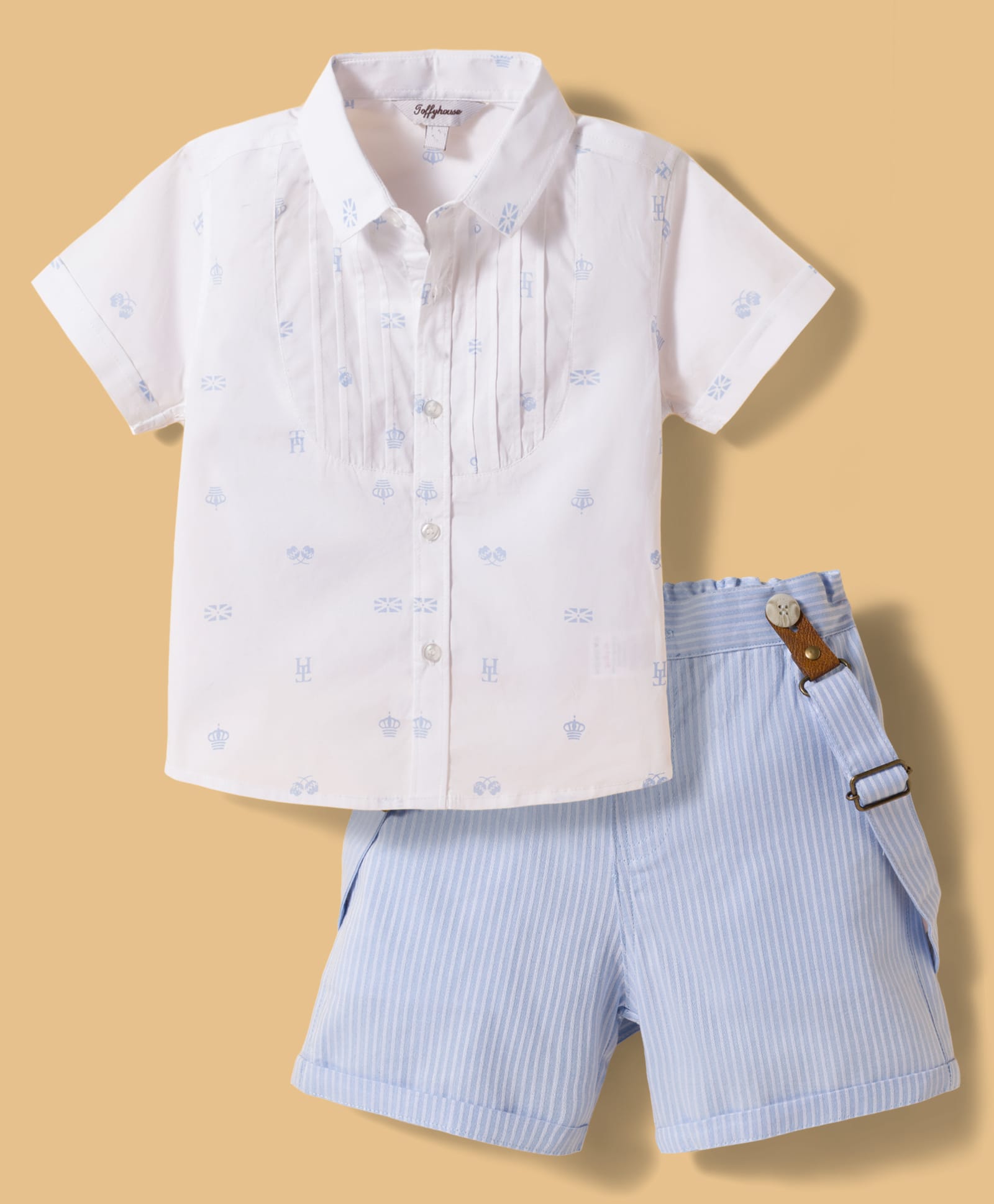 ToffyHouse Poplin Woven Half Sleeves Printed Party Shirt & Shorts Set With Bow & Suspender - White-picture-24