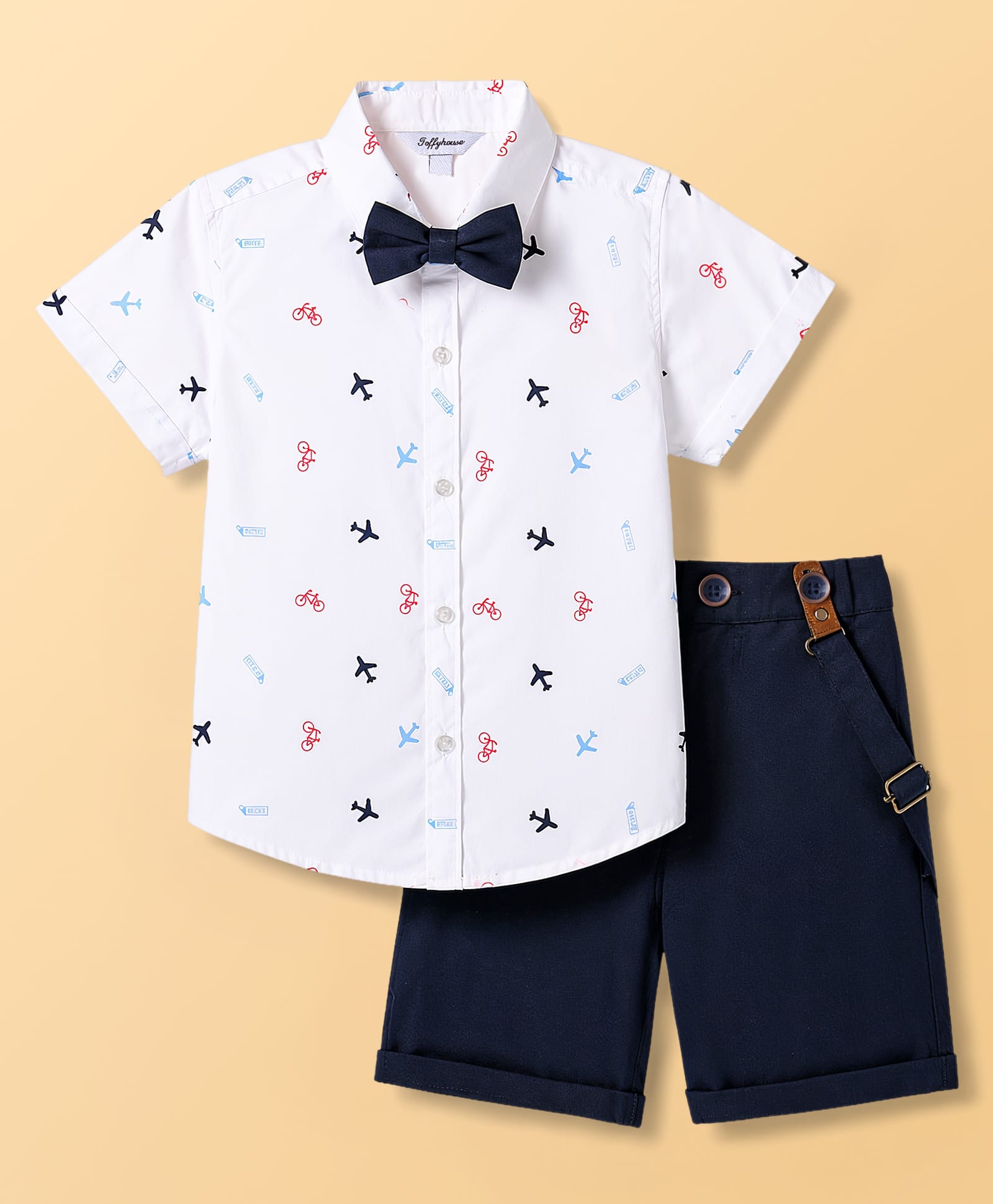 ToffyHouse Poplin Woven Half Sleeves Aeroplane Printed Party Shirt & Shorts With Bow & Suspender - Navy Blue & White-picture-13