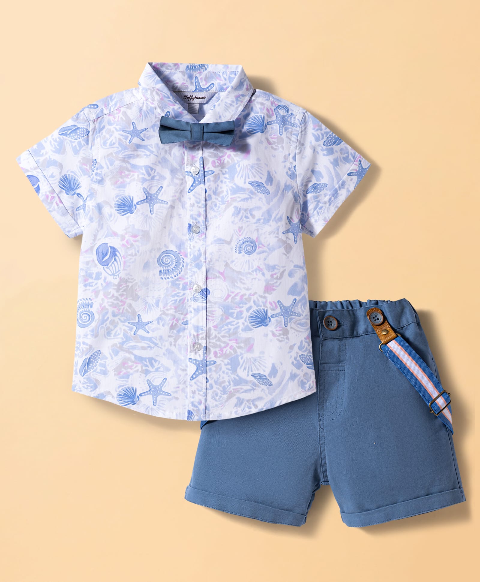 ToffyHouse Poplin Cotton Woven Half Sleeves Sea Life Printed Shirt & Shorts Set With Bow & Suspender - Light Blue-image-24