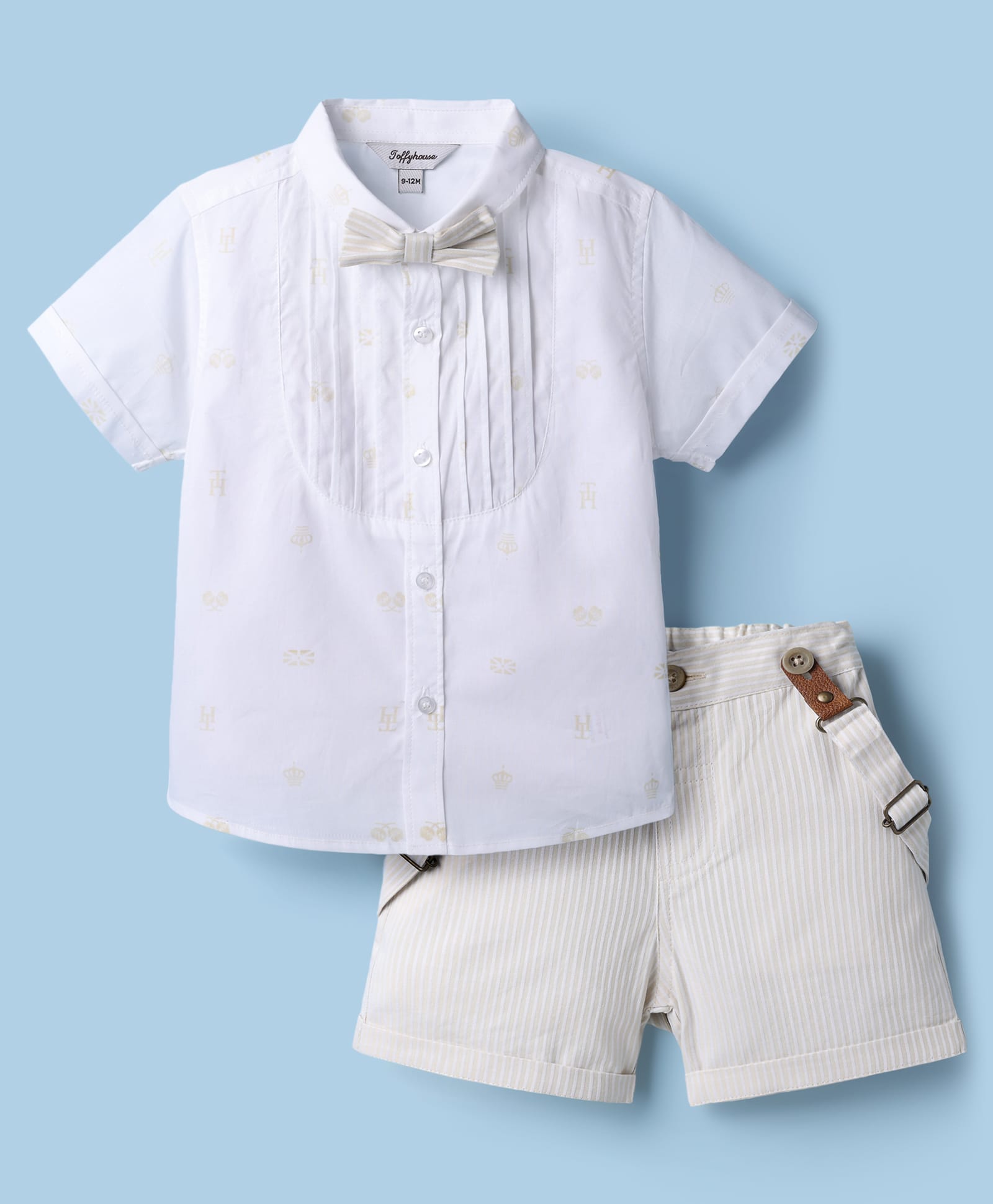 ToffyHouse Poplin Woven Half Sleeves Solid Shirt & Shorts Set with Bow & Suspender - White-picture-27
