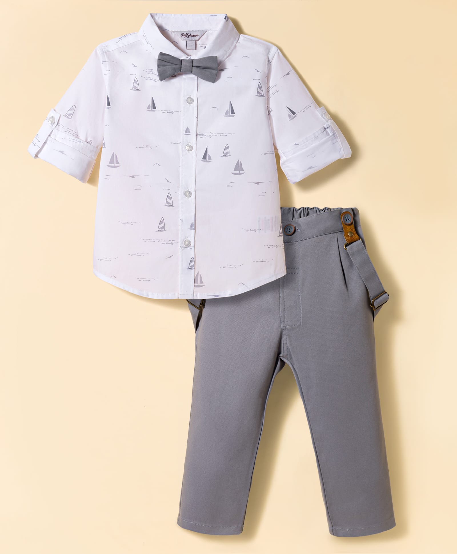 ToffyHouse Poplin Woven Full Sleeves Printed Party Shirt & Trouser Set With Bow & Suspender - White & Grey-picture-33