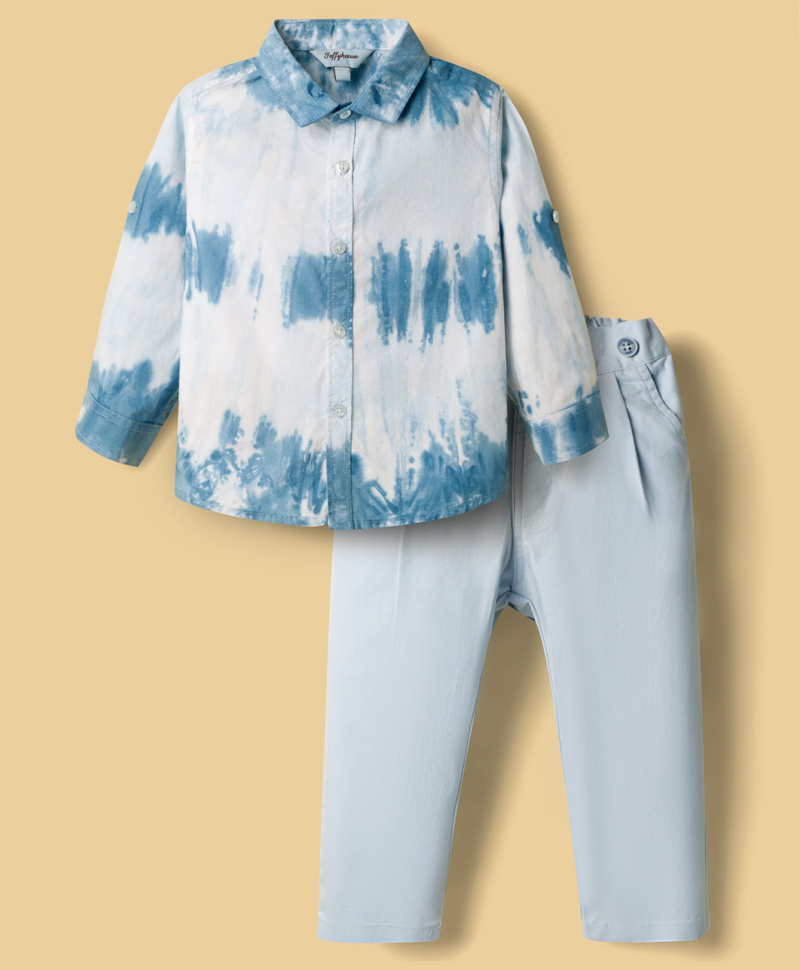 ToffyHouse Poplin Woven Full Sleeves Tie & Dye Printed Party Shirt & Trouser Set With Bow & Suspender - Light Blue-picture-20