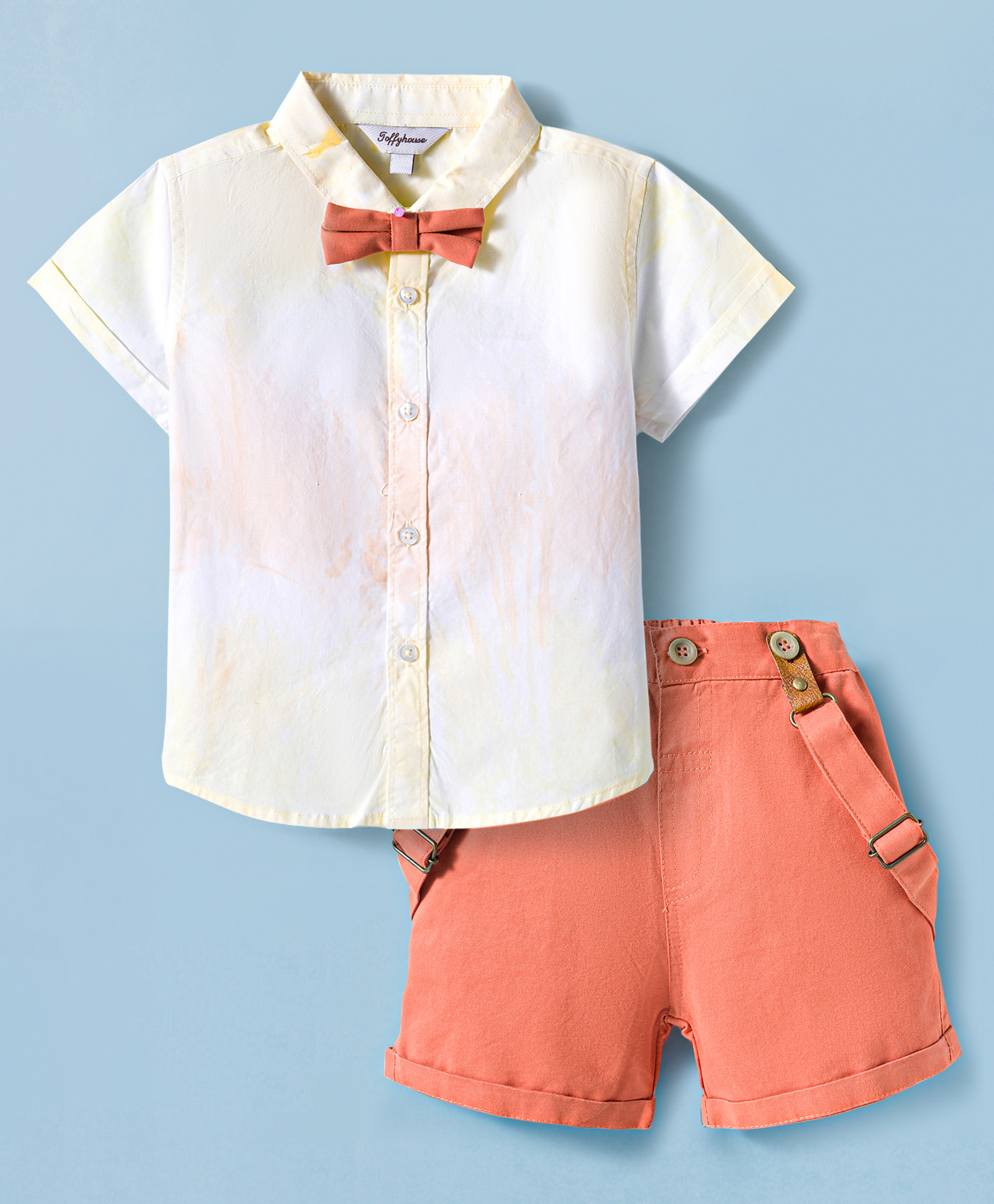 ToffyHouse 100% Cotton Poplin Woven Half Sleeves Shirt & Shorts Set With Suspender & Bow - Orange-picture-32