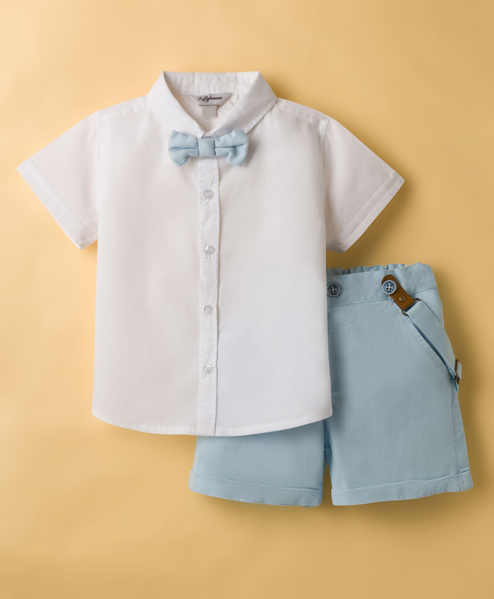 ToffyHouse Poplin Woven Half Sleeves Solid Party Shirt & Shorts Set With Bow & Suspender - White & Light Blue-image-8