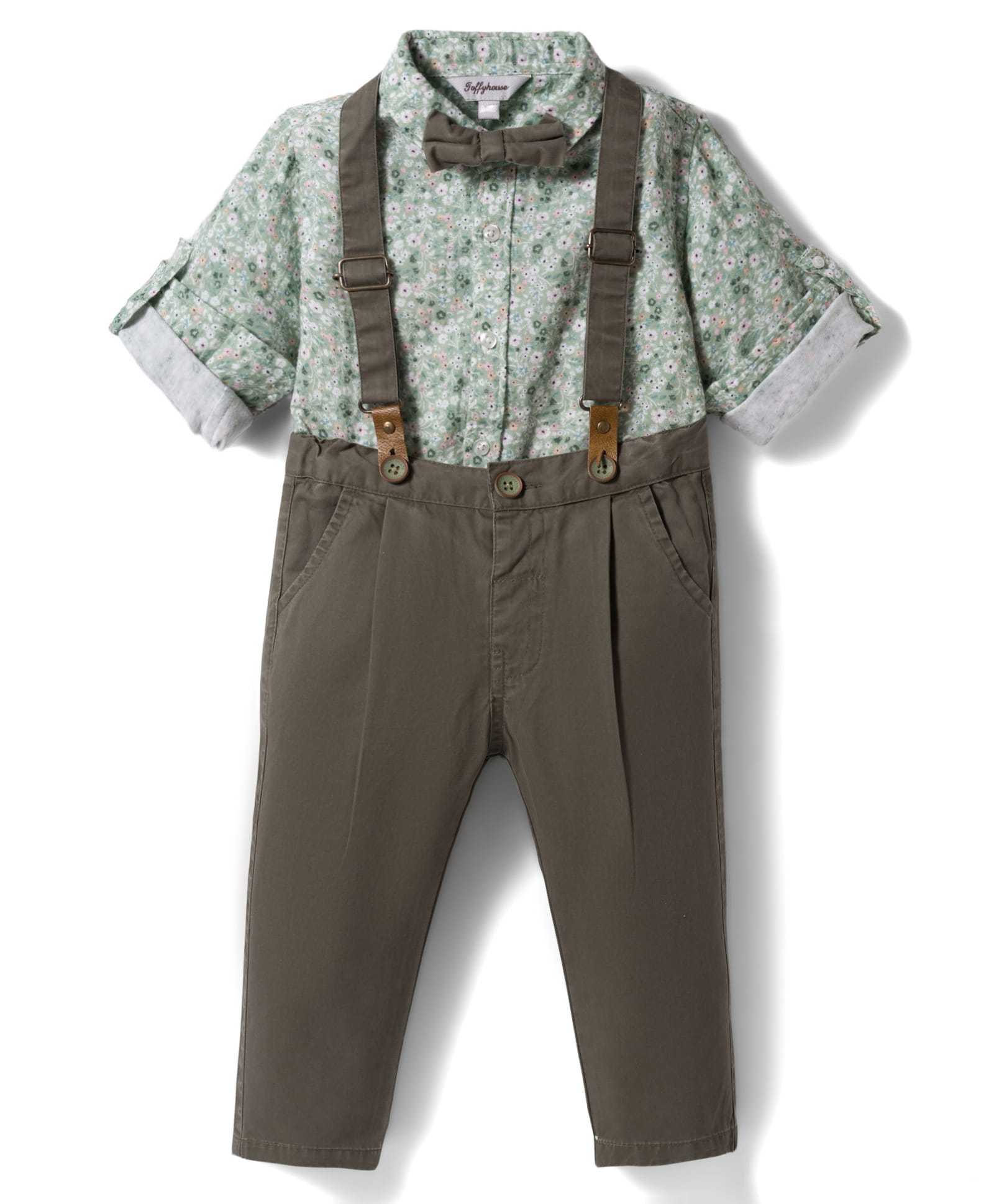 ToffyHouse Poplin Woven Full Sleeves Floral Printed Party Shirt & Trouser Set with Bow & Suspender - Olive-picture-12