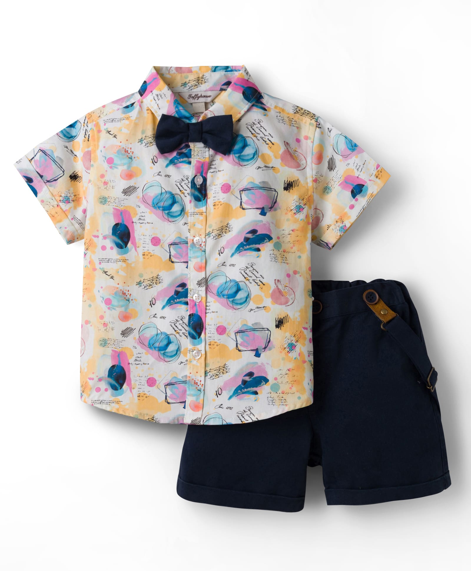 ToffyHouse Poplin Woven Half Sleeves Printed Party Shirt & Shorts Set With Bow & Suspender - Multicolor-picture-44