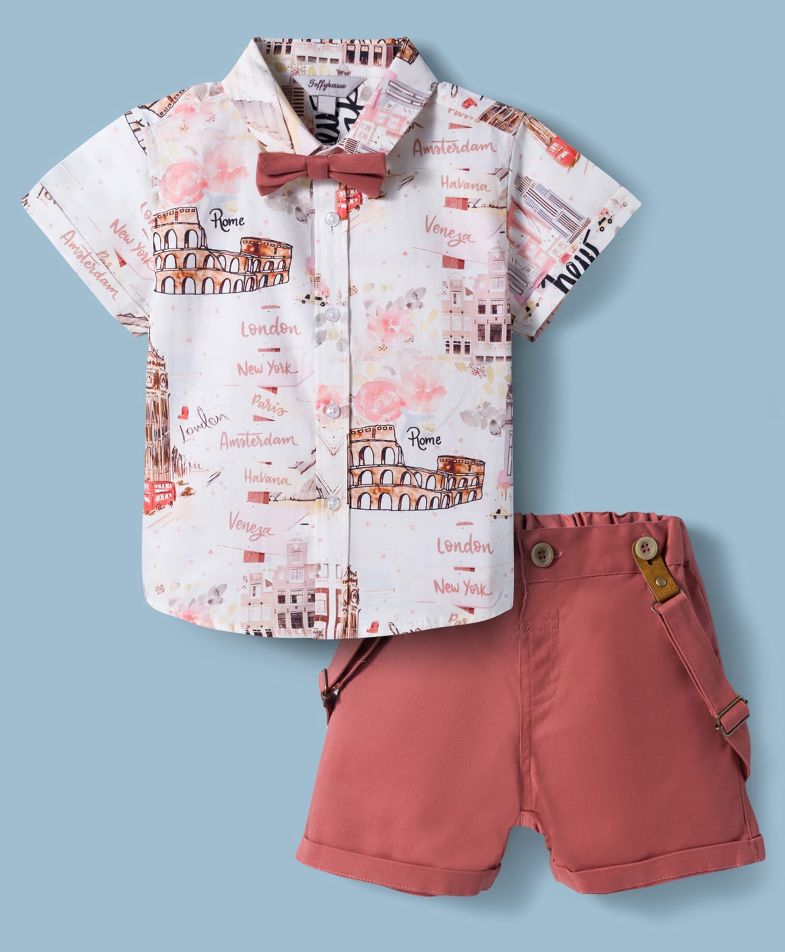 ToffyHouse Poplin Woven Half Sleeves Printed Party Shirt & Shorts Set With Bow & Suspender - Multicolor-picture-40