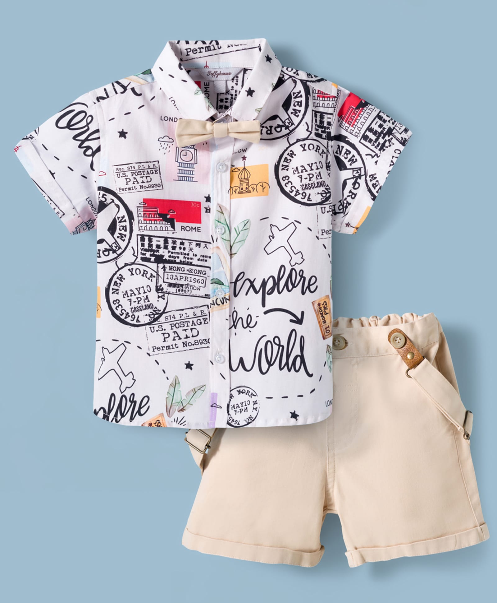 ToffyHouse Poplin Woven Half Sleeves Printed Party Shirt & Shorts Set With Bow & Suspender - Multicolor-image-27