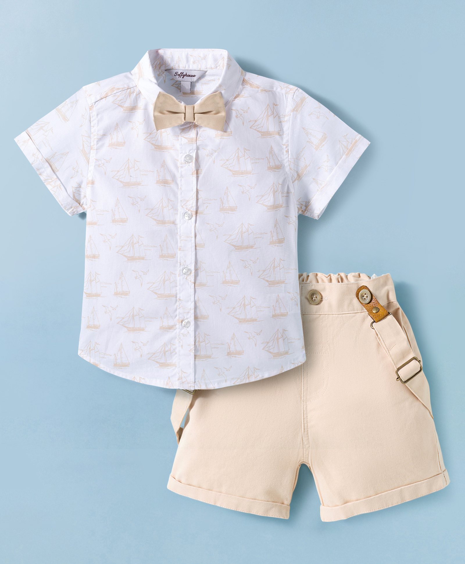 ToffyHouse 100% Cotton Poplin Woven Half Sleeves Nautical Theme Printed Shirt & Shorts Set With Suspender & Bow - Tan-image-30
