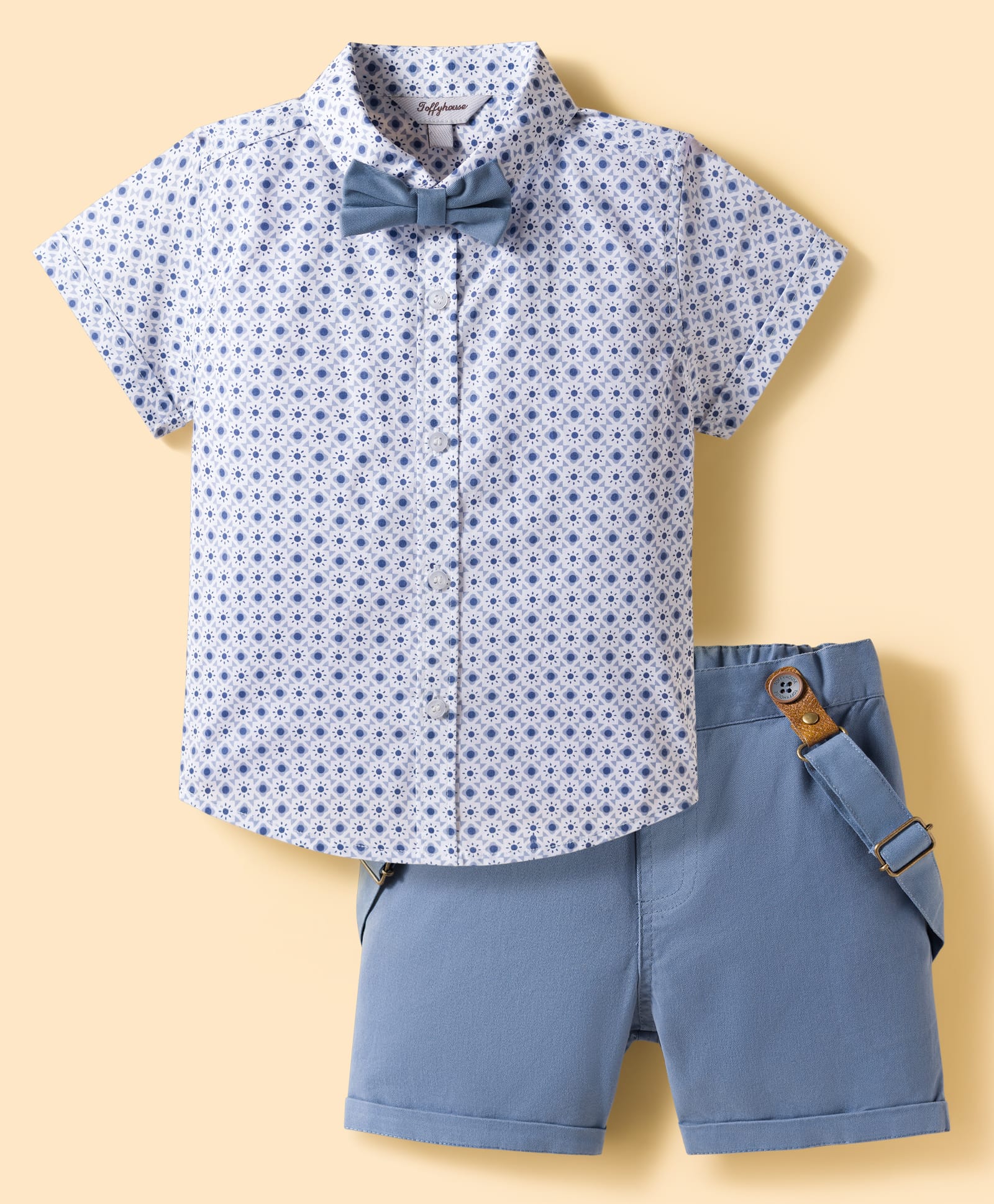 toffyhouse Toffy House Poplin Woven Half Sleeves Floral Printed Party Shirt & Shorts Set with Bow & Suspender - Blue-picture-23