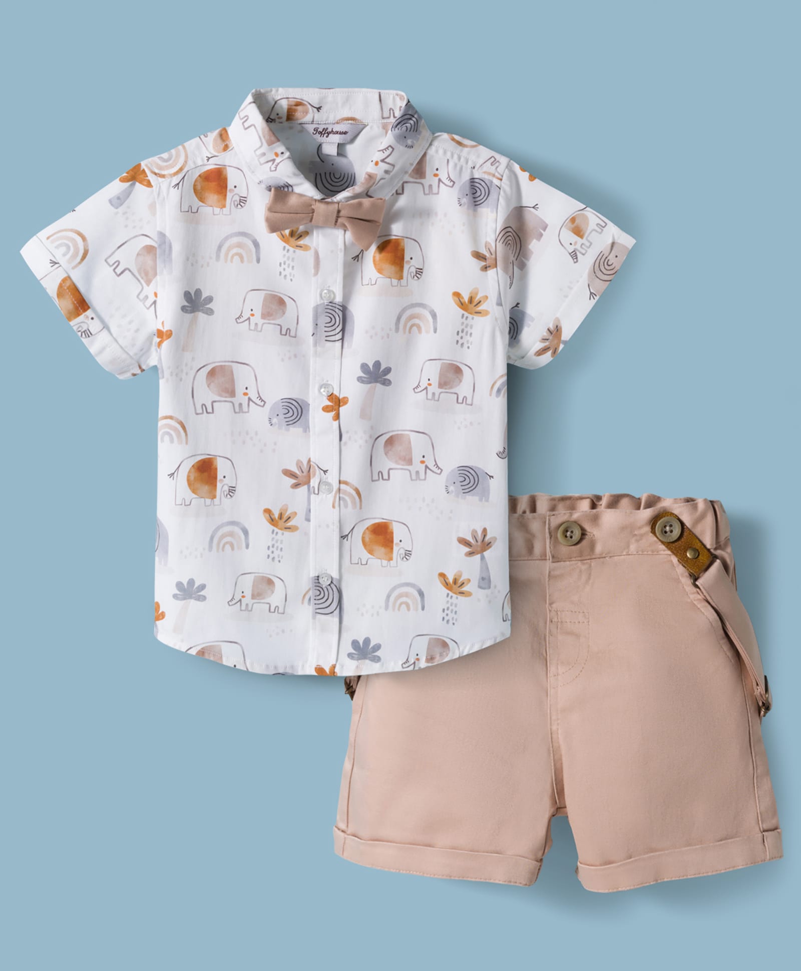 ToffyHouse Poplin Woven Half Sleeves Elephant Printed Party Shirt & Shorts Set With Bow & Suspender - Multicolor-picture-15