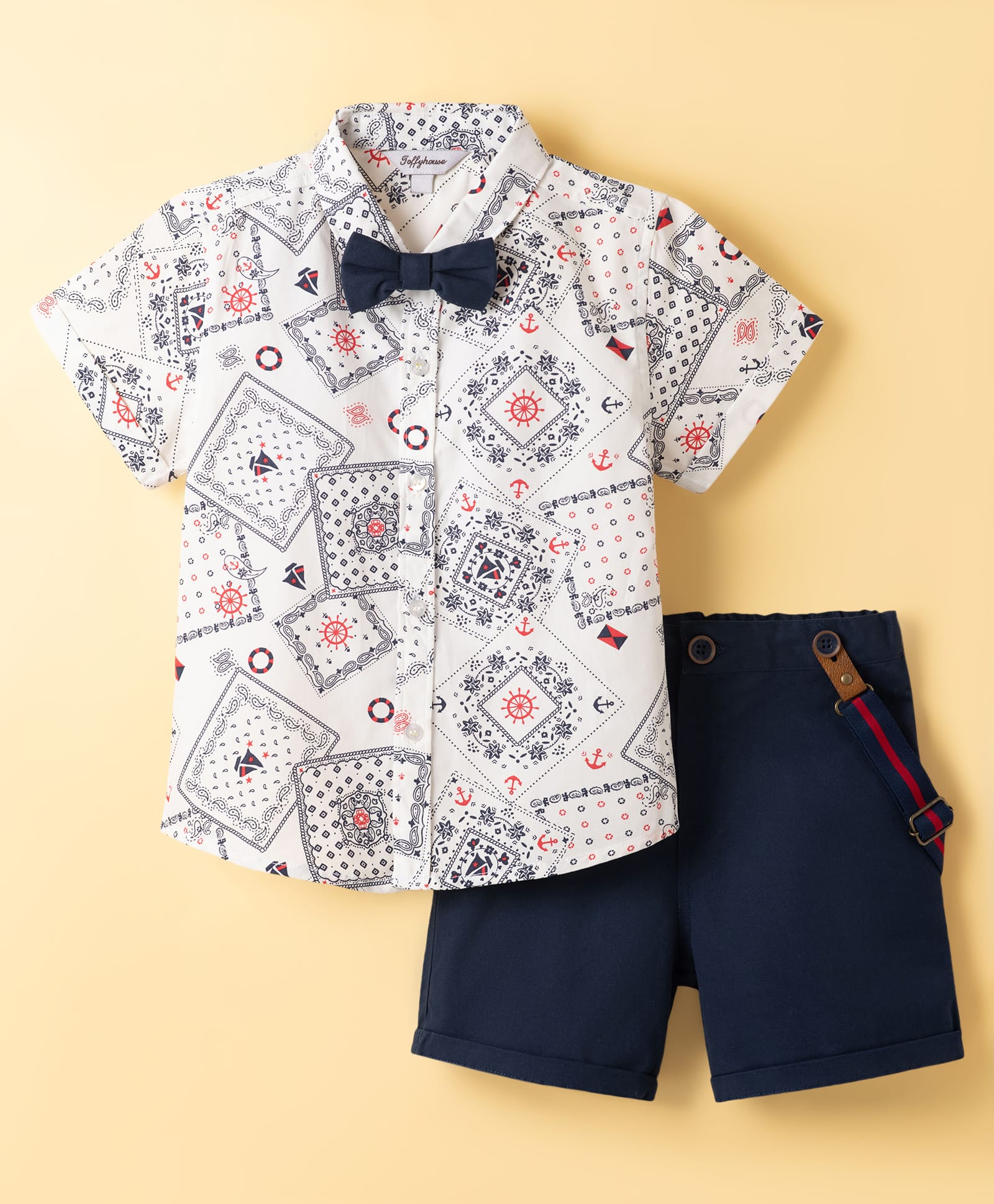 ToffyHouse Poplin Woven Half Sleeves Party Shirt & Shorts Wth Bow Suspender & Nautical Theme - Navy Blue-picture-24