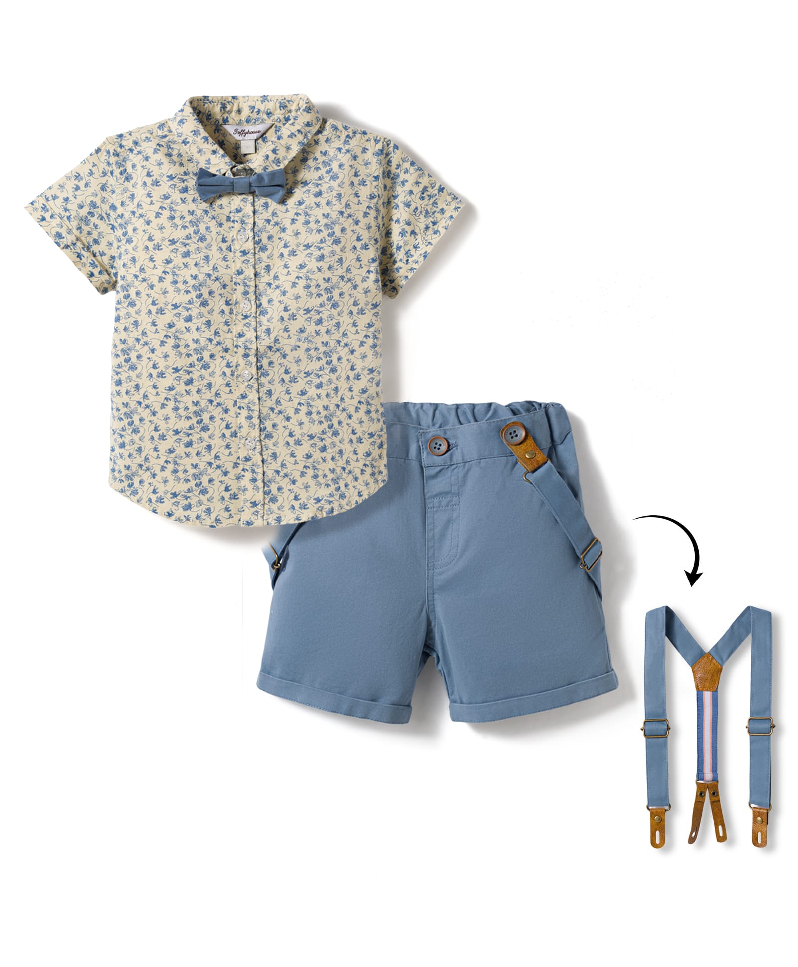 ToffyHouse 100% Cotton Poplin Woven Half Sleeves Floral Printed Shirt & Shorts Set With Suspender & Bow - Blue-picture-23