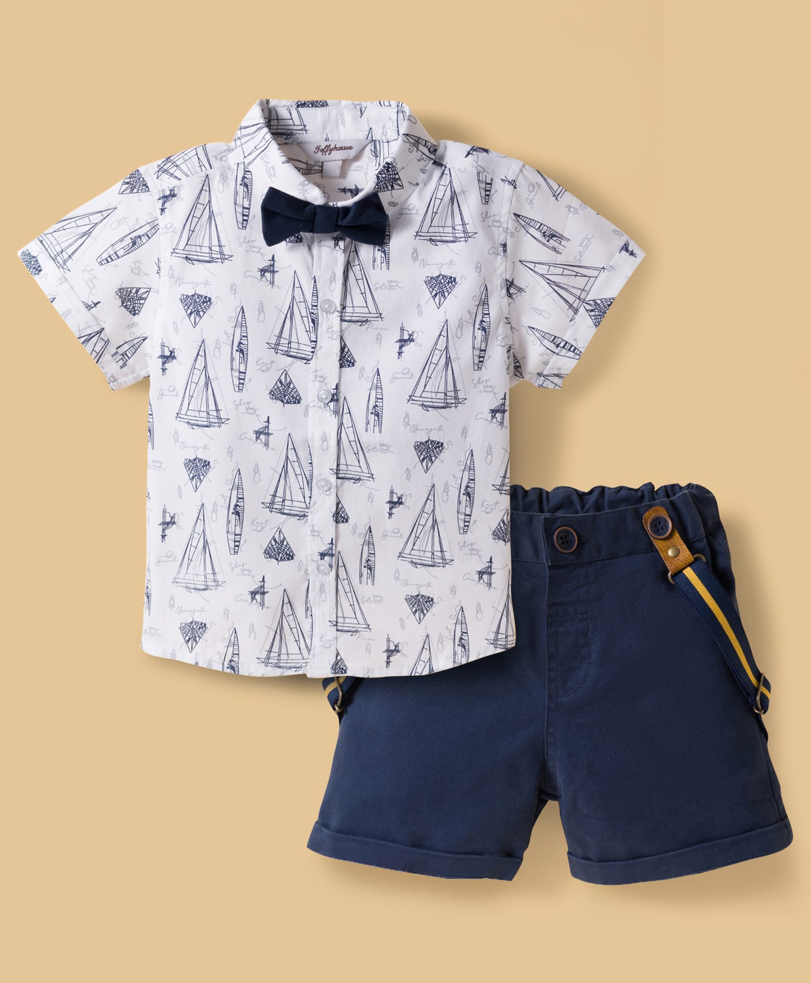 ToffyHouse Poplin Woven Half Sleeves Boat Printed Party Shirt & Shorts Set With Bow & Suspender - White & Navy Blue-image-43