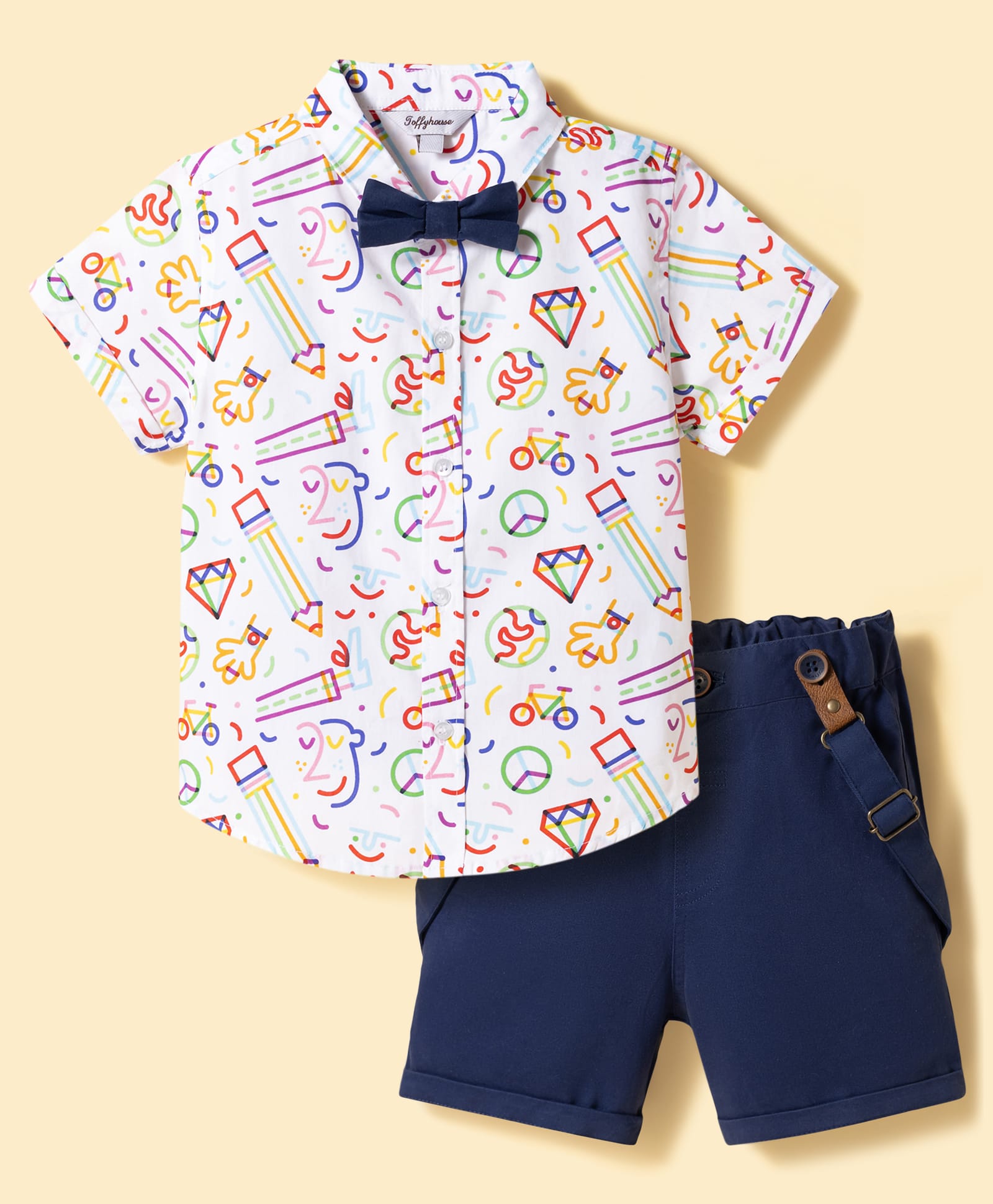 ToffyHouse Poplin Woven Half Sleeves Printed Party Shirt & Shorts With Bow & Suspender - Navy Blue-image-29