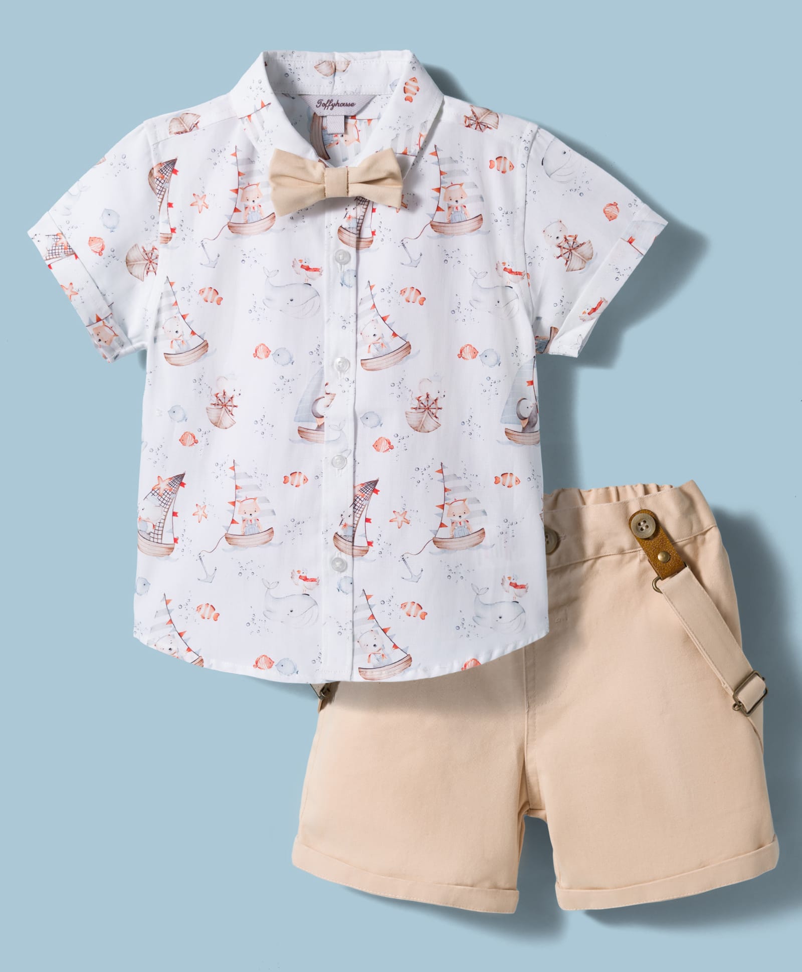 ToffyHouse Poplin Woven Half Sleeves Animal Printed Party Shirt & Shorts Set with Bow & Suspender - Tan-image-44