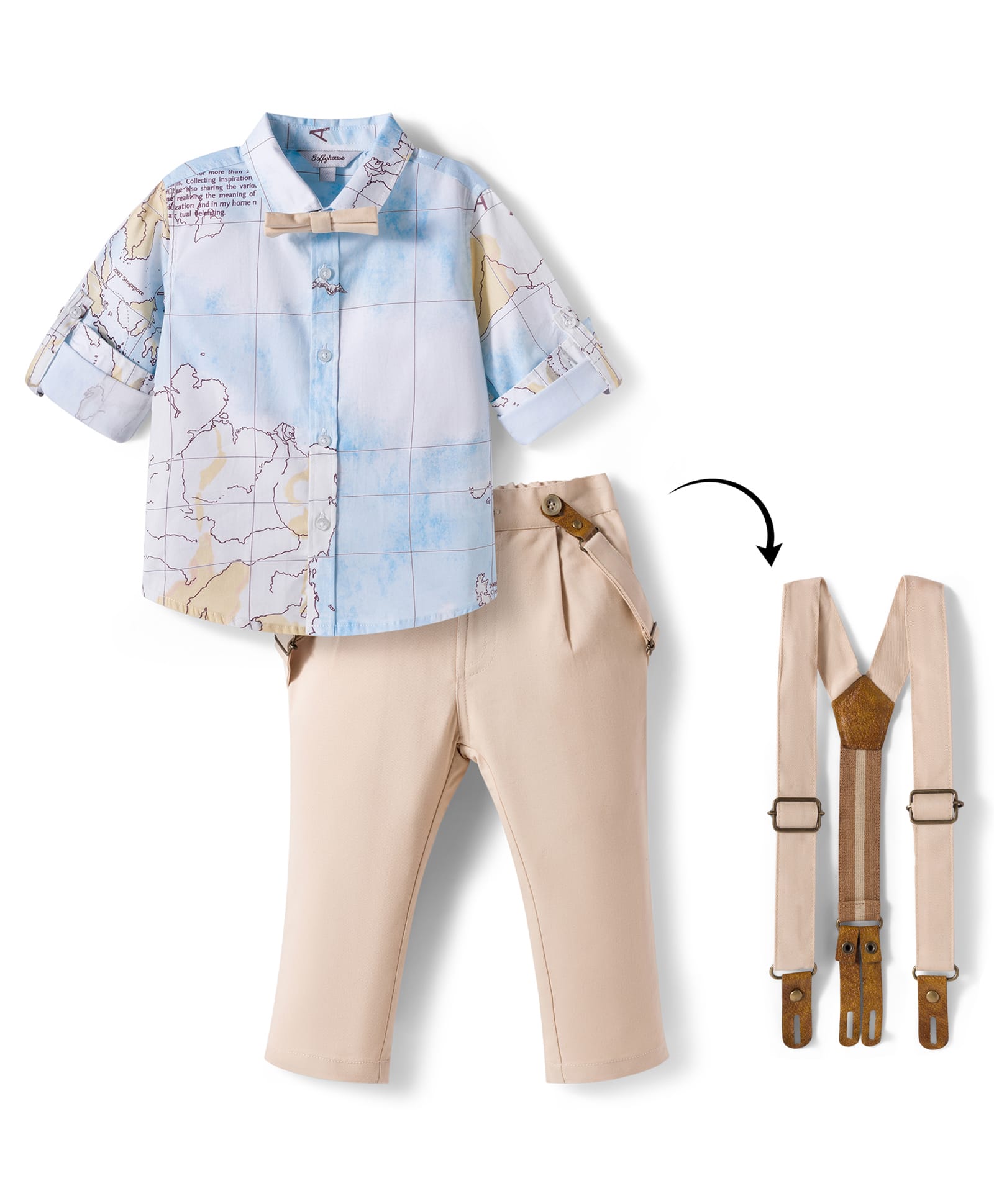 ToffyHouse Poplin Woven Full Sleeves Printed Party Shirt & Trouser Set With Bow & Suspender - Multicolor-picture-12