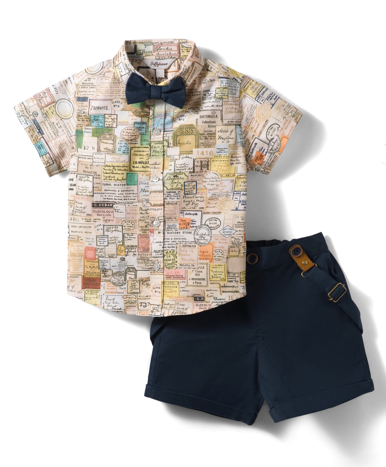 ToffyHouse Poplin Woven Half Sleeves Postcard Printed Party Shirt & Shorts Set with Bow & Suspender - Navy Blue-image-4