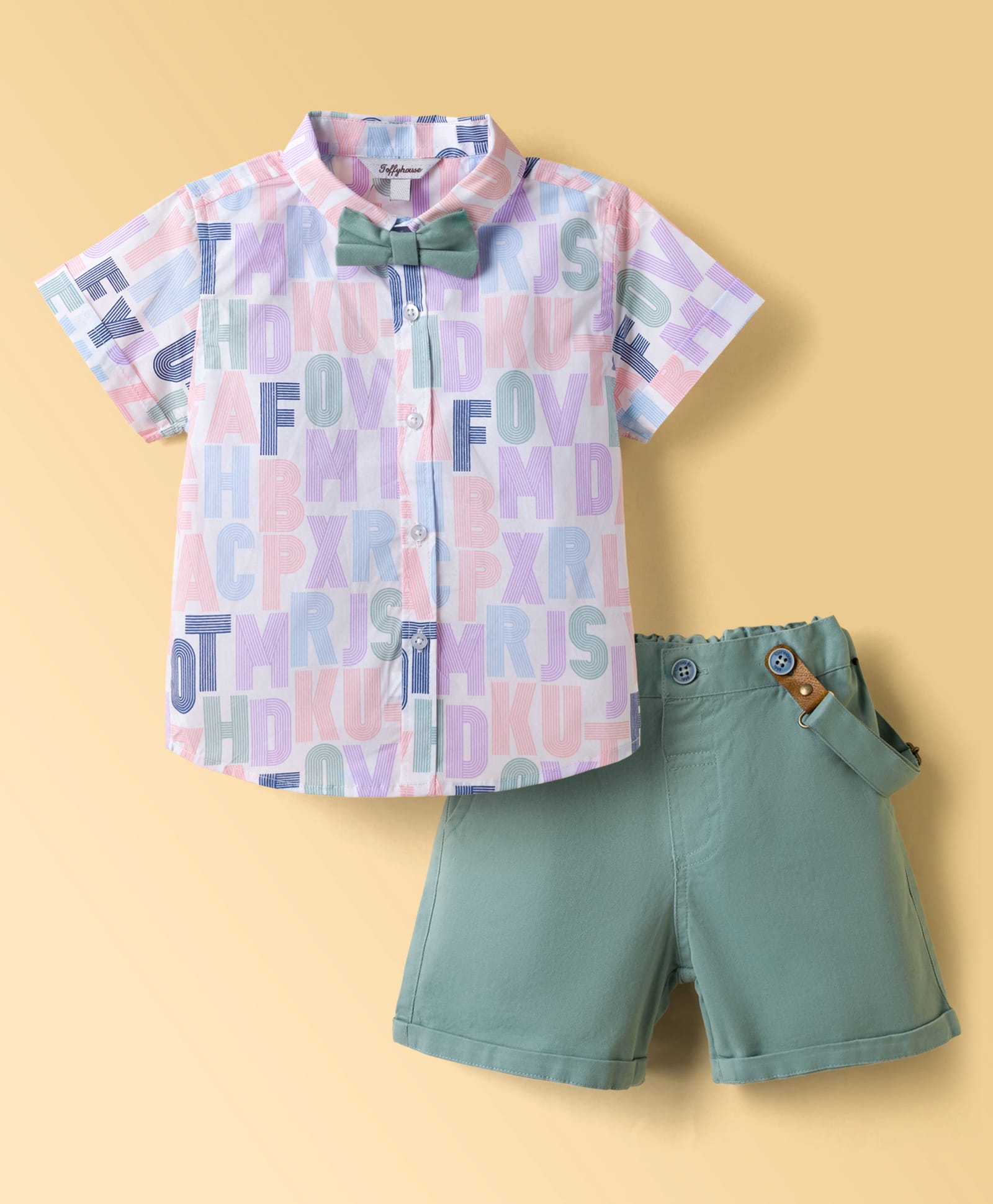 ToffyHouse Poplin Woven Half Sleeves Alphabet Printed Party Shirt & Shorts Set with Bow & Suspender - Teal Blue-picture-7