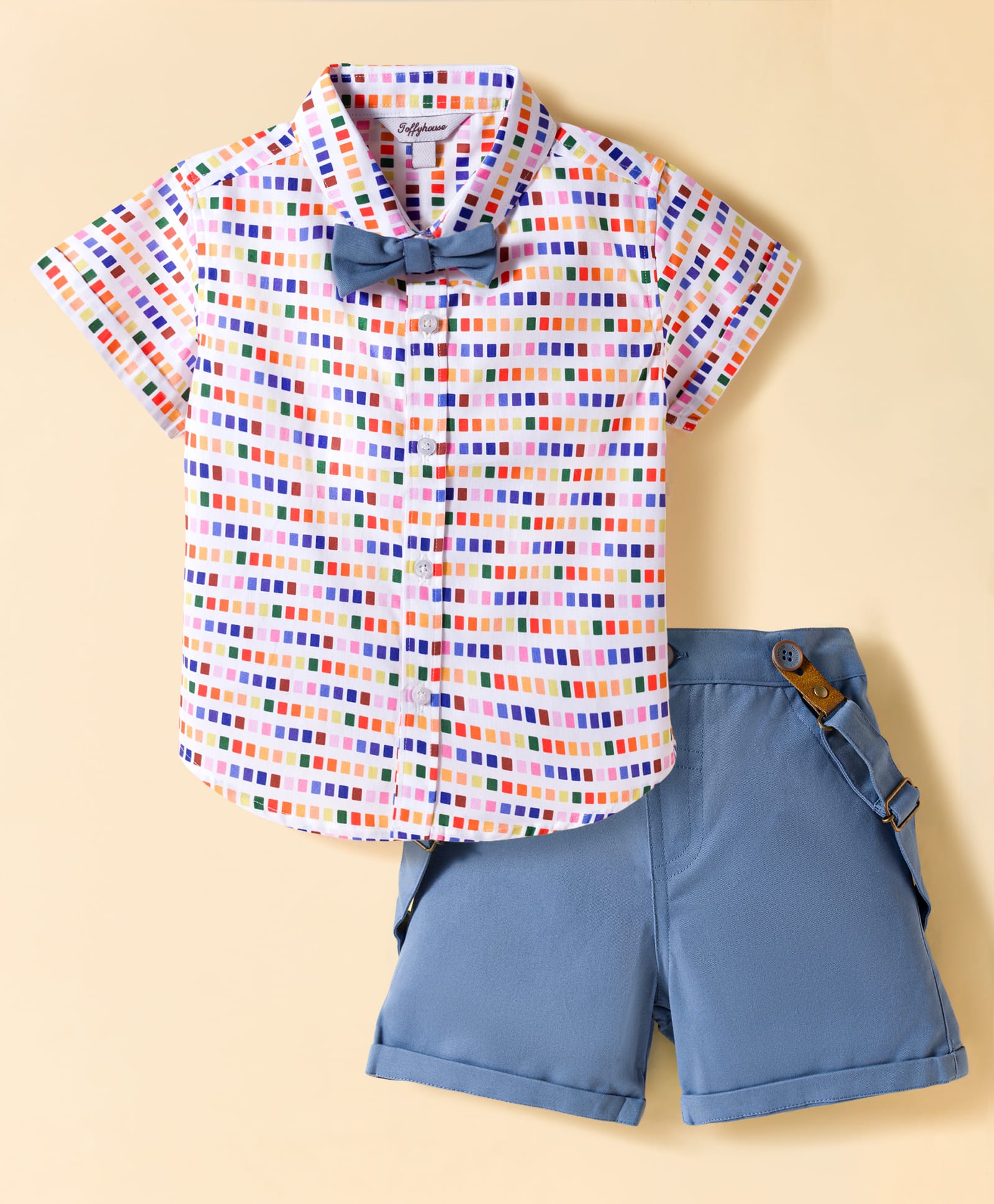 ToffyHouse Poplin Woven Half Sleeves Printed Party Shirt & Shorts Set With Bow & Suspender - White & Blue-picture-11