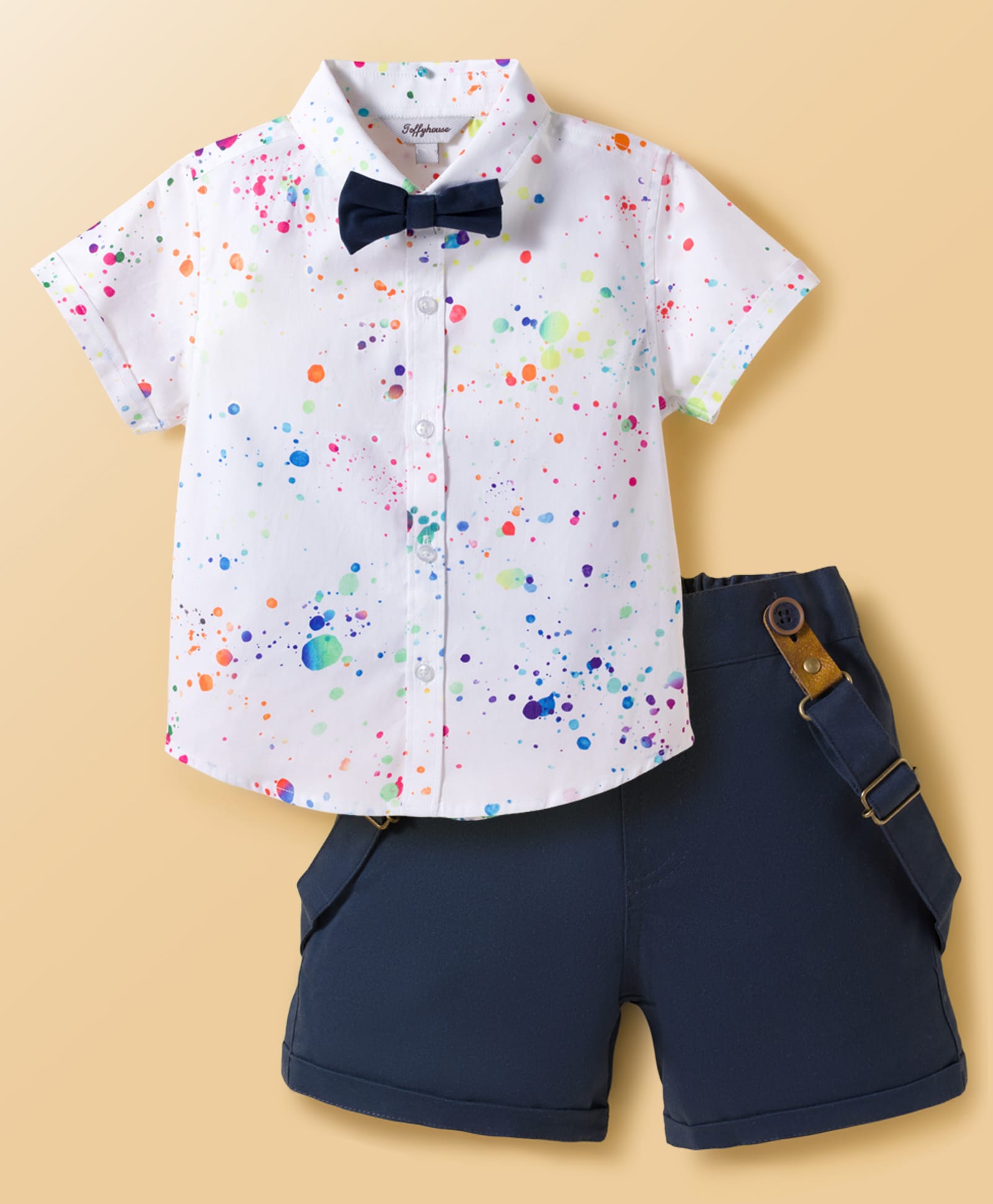ToffyHouse Poplin Woven Half Sleeves Printed Party Shirt & Shorts Set with Bow & Suspender - Navy Blue-picture-11
