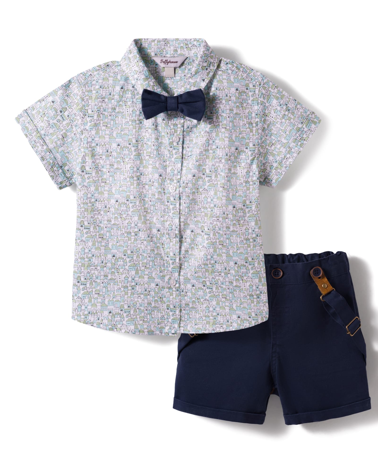 ToffyHouse Poplin Woven Half Sleeves City Printed Shirt & Shorts Set with Bow & Suspender - Navy Blue-image-34