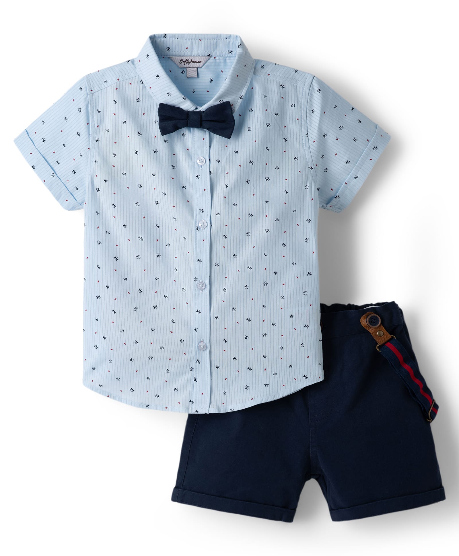 ToffyHouse Poplin Woven Half Sleeves Party Shirt & Shorts With Bow Suspender & Floral Print - Navy Blue-image-48
