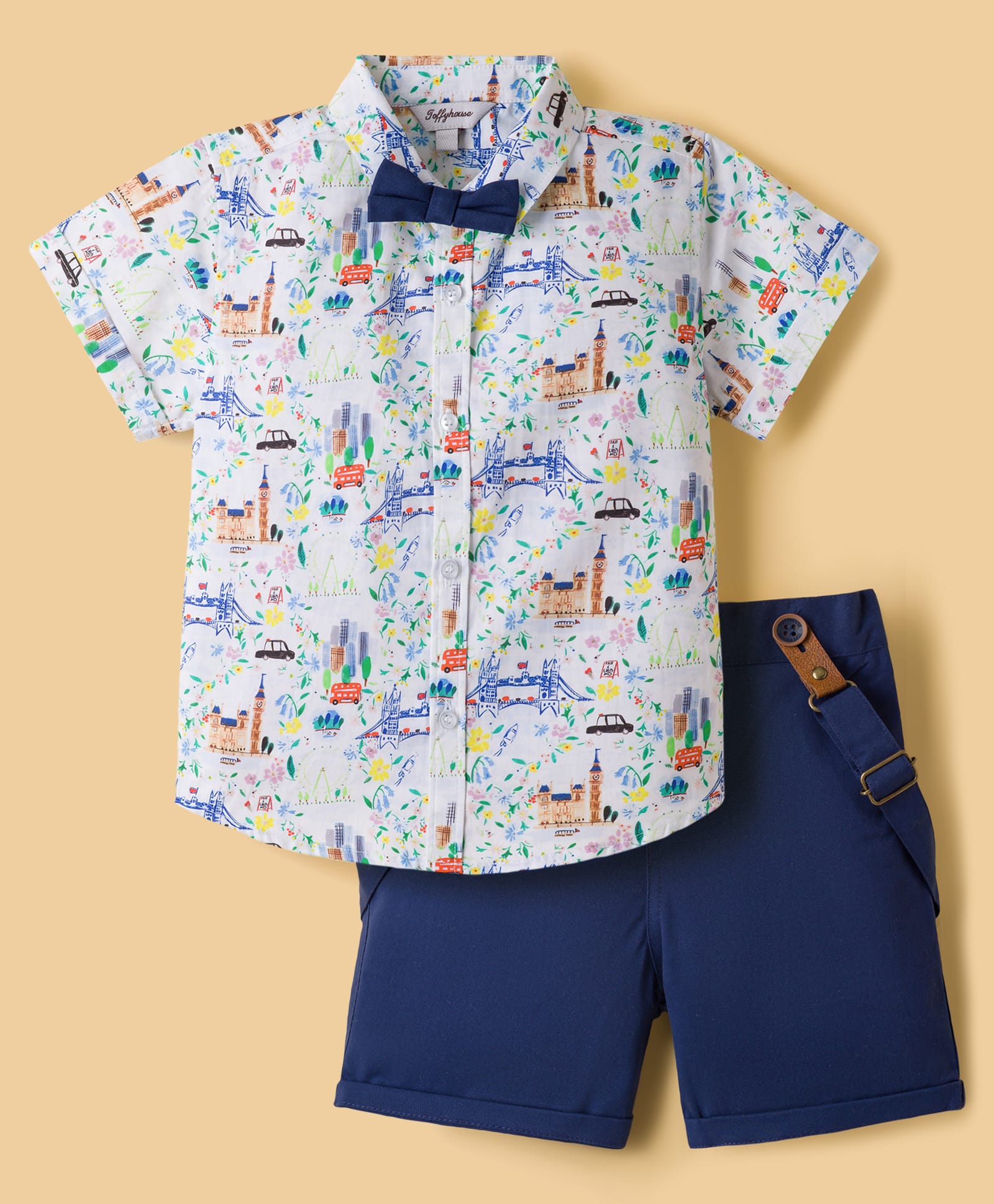 ToffyHouse Poplin Woven Half Sleeves Printed Shirt & Shorts with Bow & Suspender - Navy Blue-picture-40