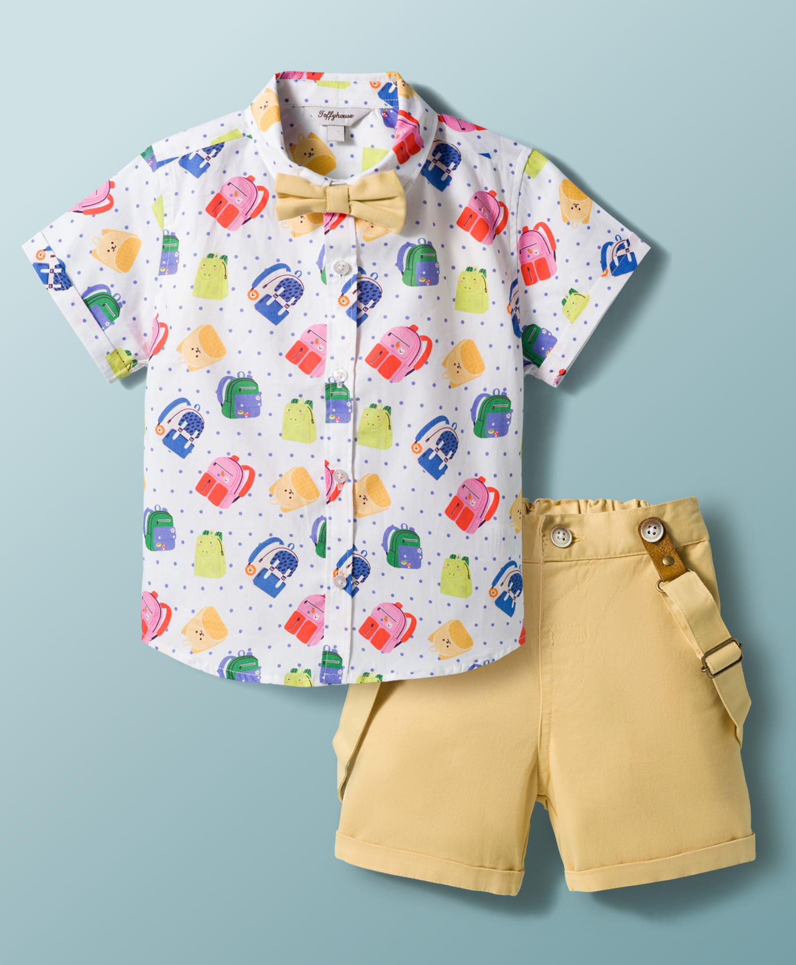 ToffyHouse Poplin Woven Half Sleeves School Bag Printed Shirt & Shorts Set with Bow & Suspender - Gold-picture-46