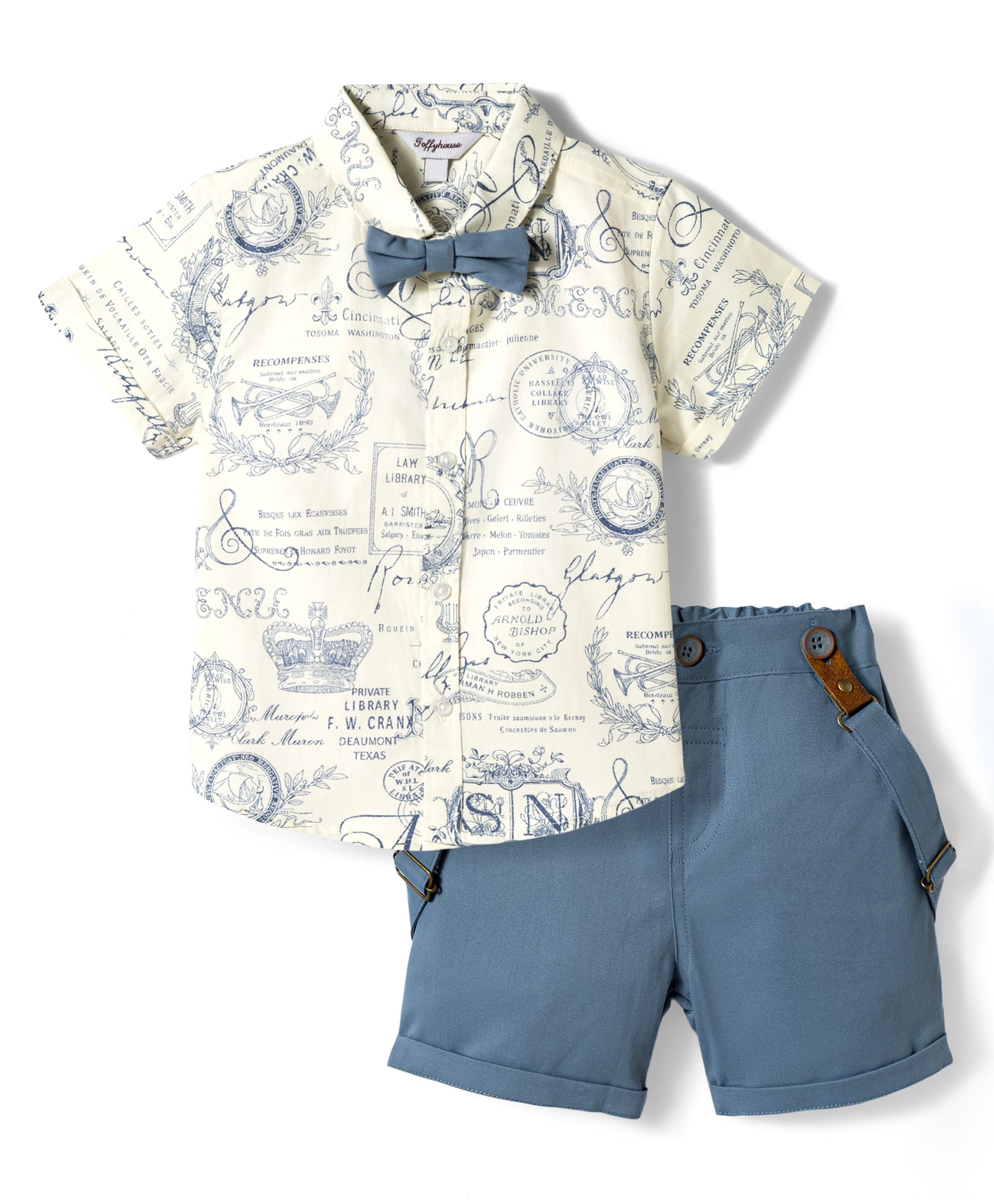 ToffyHouse Poplin Woven Half Sleeves Printed Party Shirt & Shorts Set With Bow & Suspender - White & Blue-picture-12