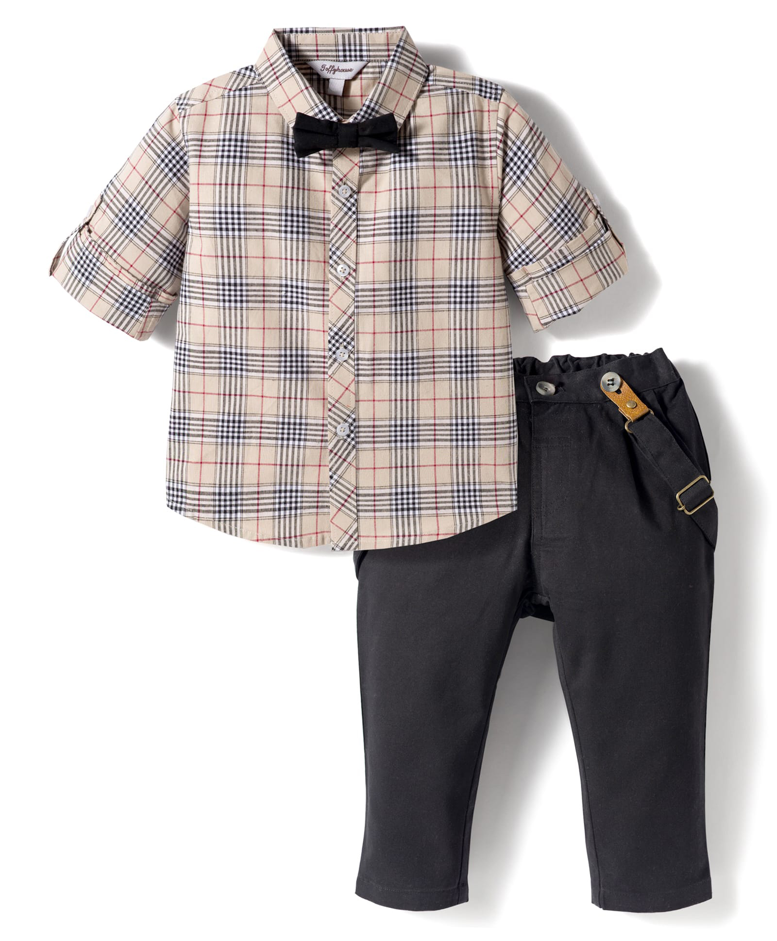 ToffyHouse Poplin Woven Full Sleeves Checkered Party Shirt & Trouser Set with Bow & Suspender - Black-picture-44