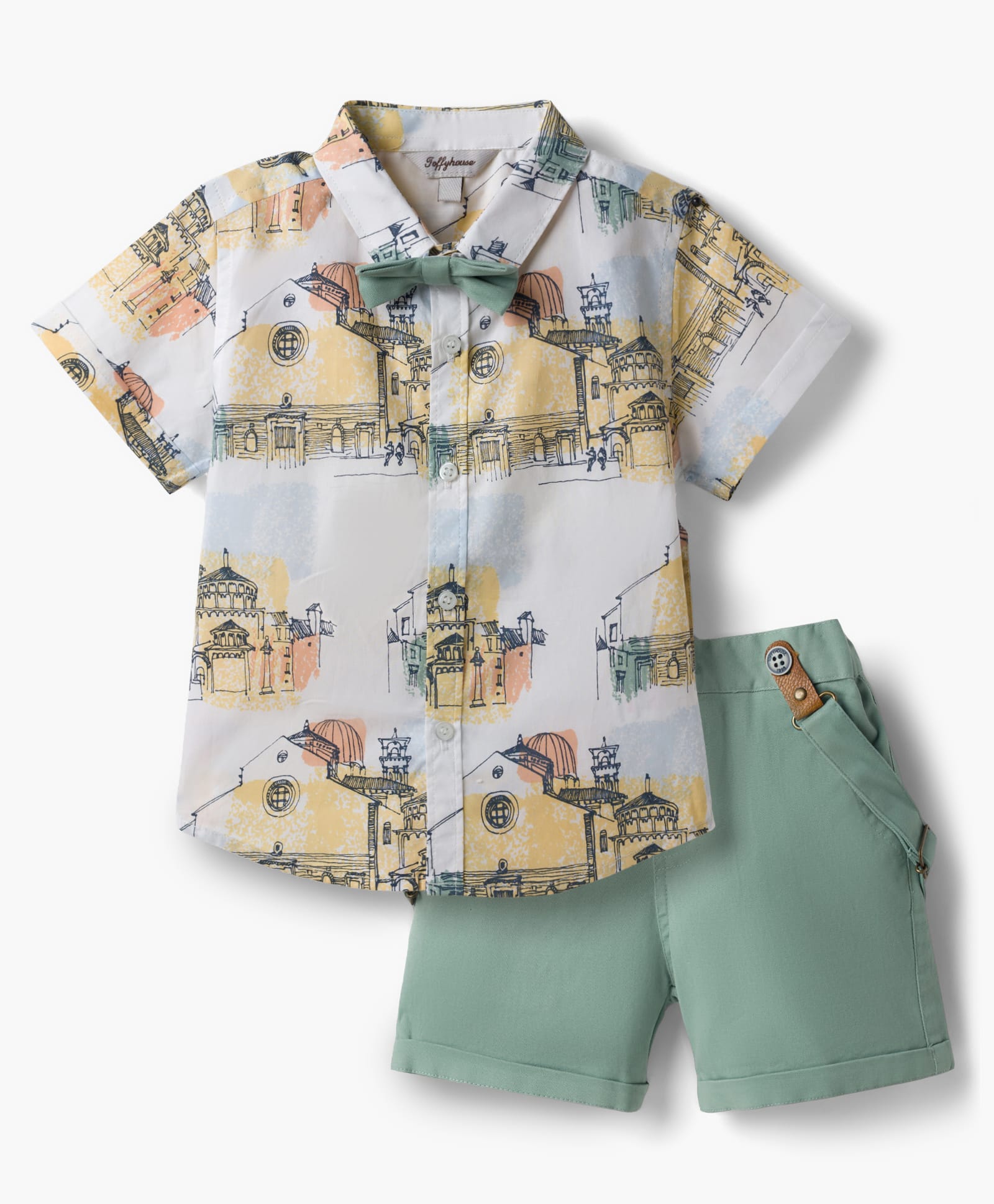 ToffyHouse Poplin Woven Half Sleeves Printed Shirt & Shorts Set With Suspender & Bow - Teal Blue-picture-27